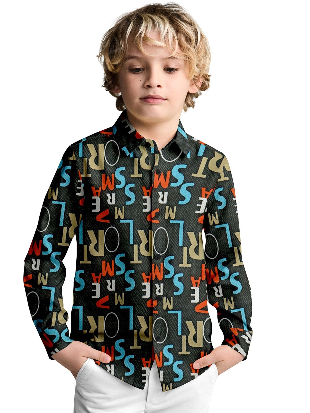 

cut & make Boys Classic Fit Spread Collar Typography Printed Casual Shirt, Black