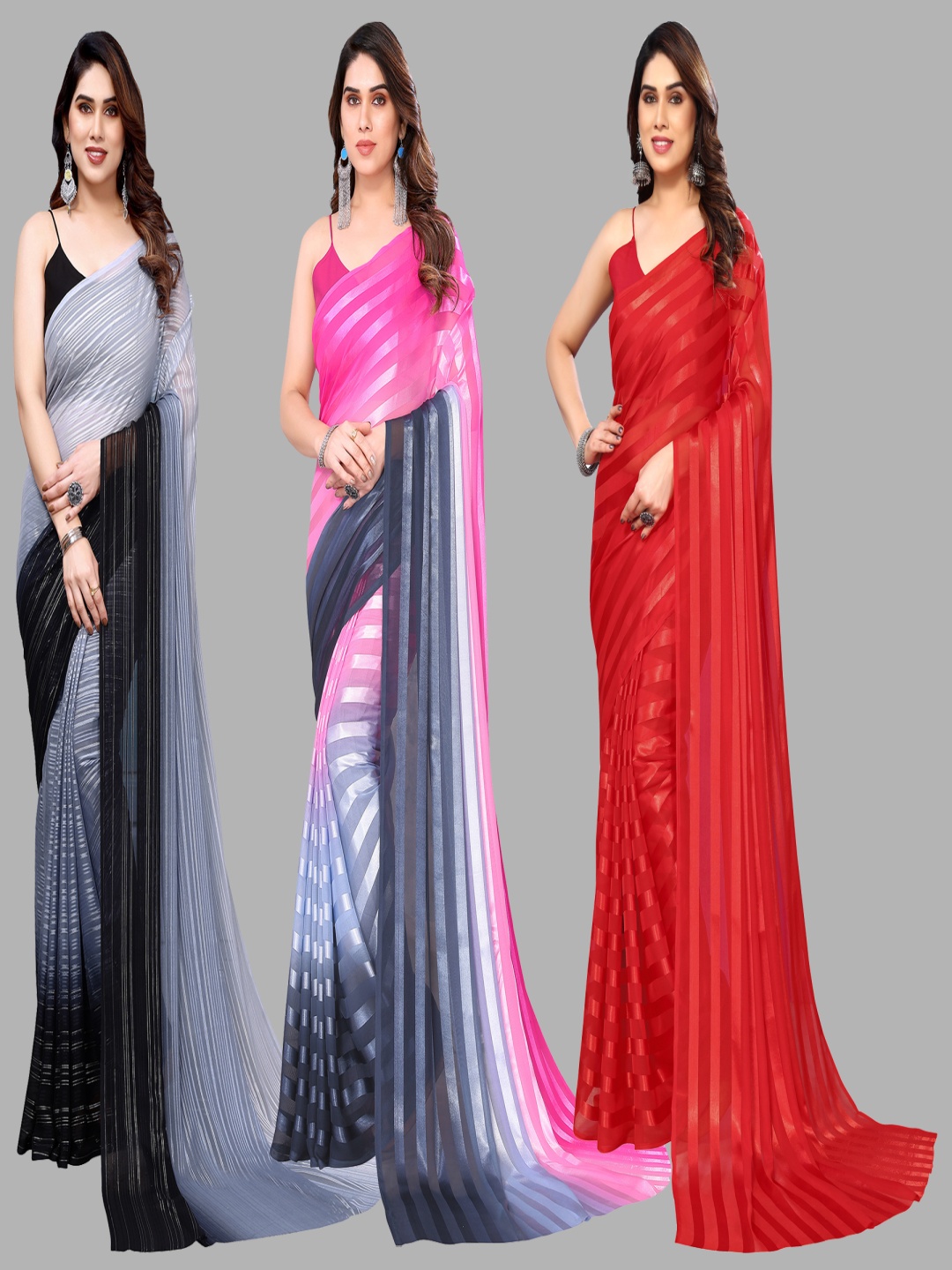 

ANAND SAREES Striped Satin Saree, Red