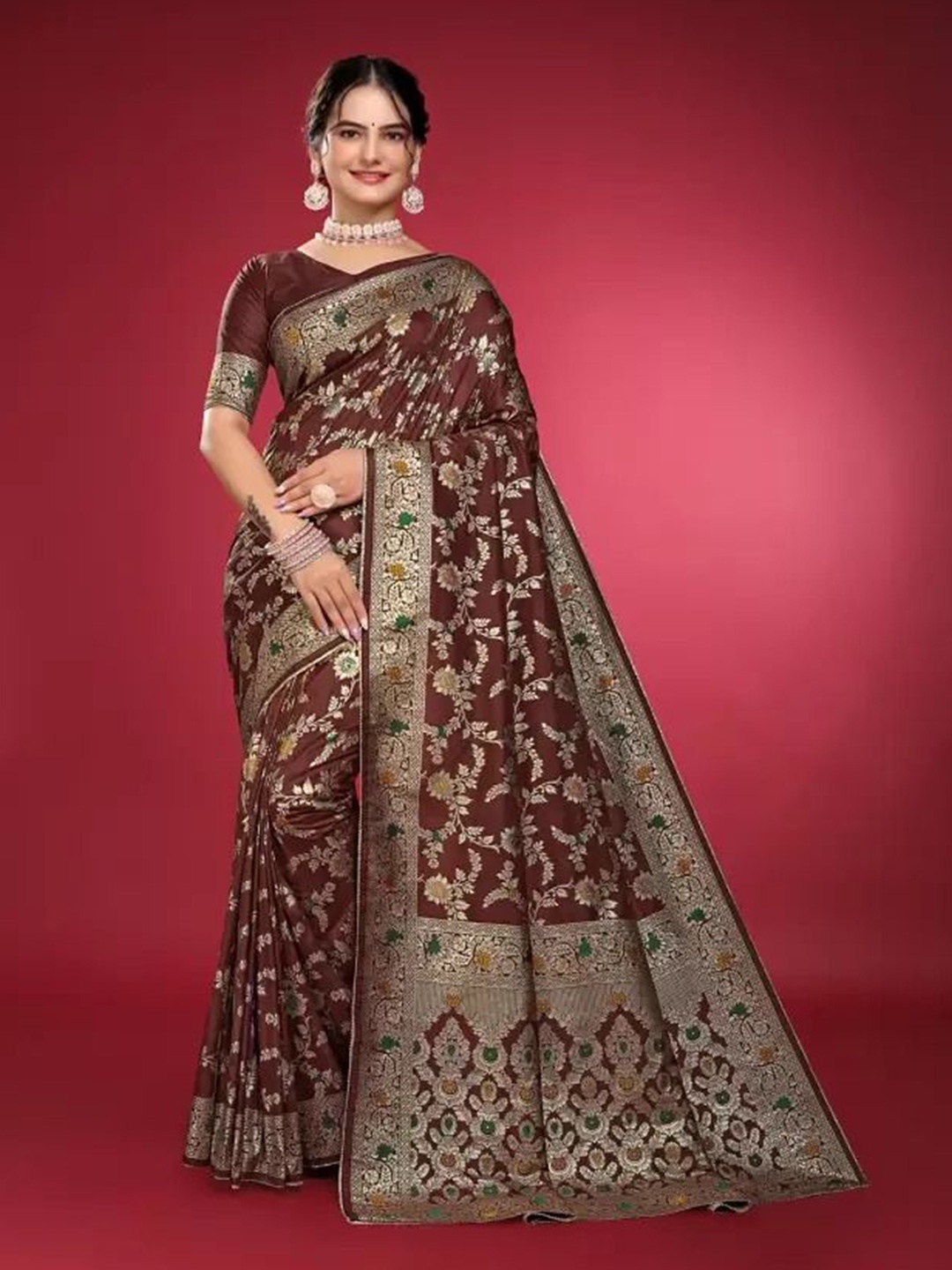 

Florence Woven Design Pure Silk Fusion Saree, Brown