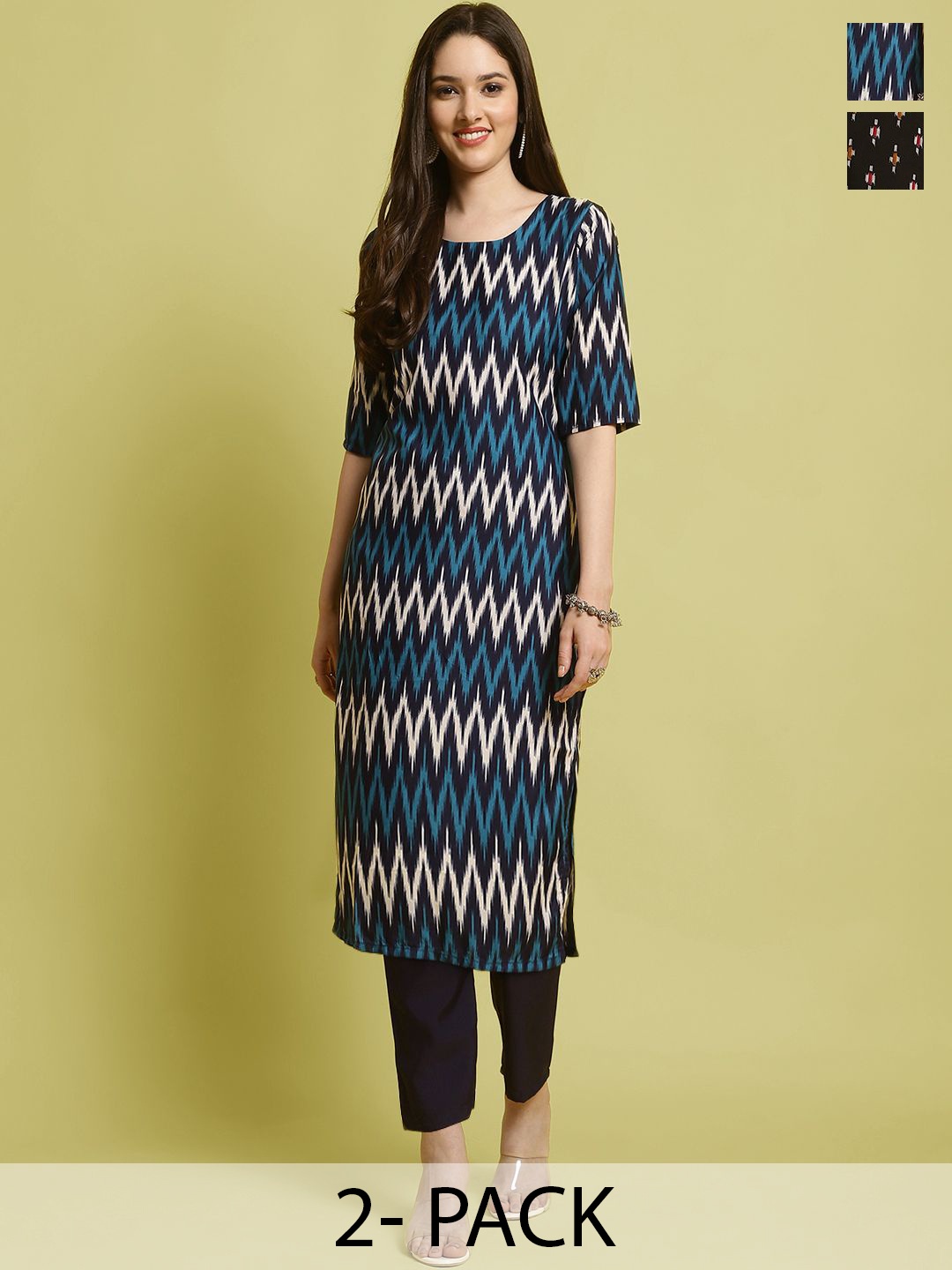 

7Threads Selection Of 2 Chevron Printed Straight Kurta With Trousers, Black