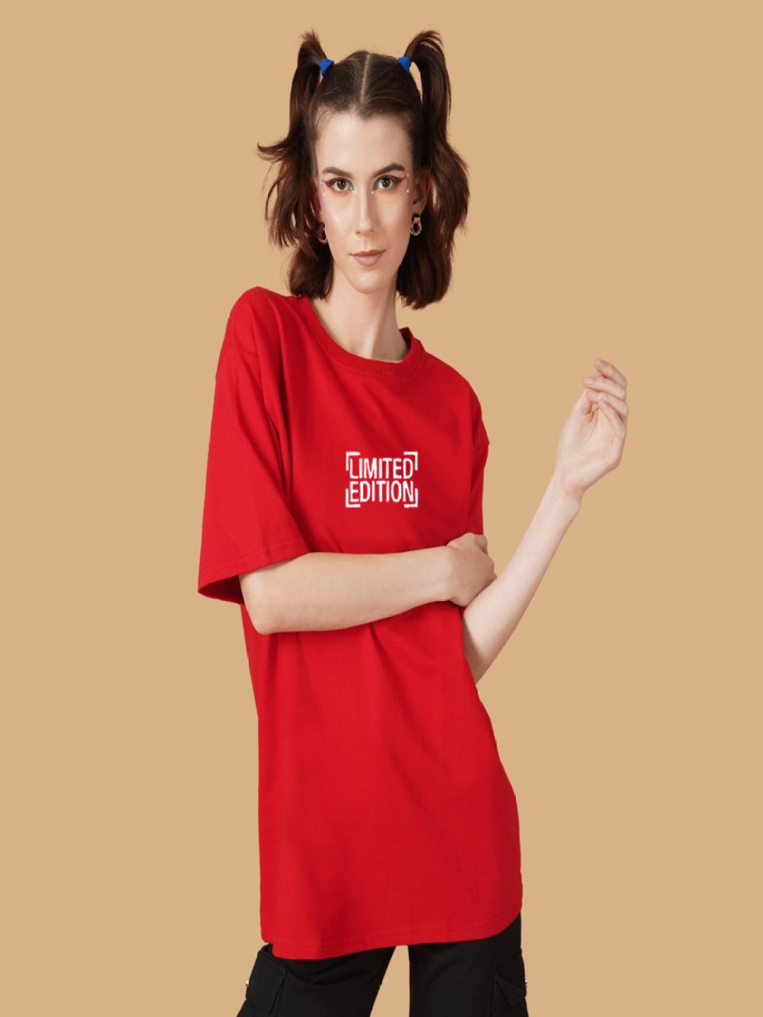 

OFFMINT Typography Printed Drop-Shoulder Sleeves Cotton Longline Oversized T-shirt, Red