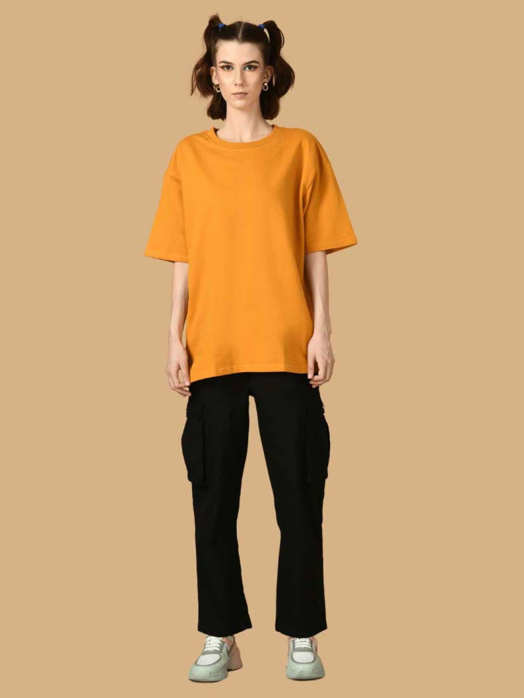 

OFFMINT Women Drop-Shoulder Sleeves Pockets T-shirt, Mustard