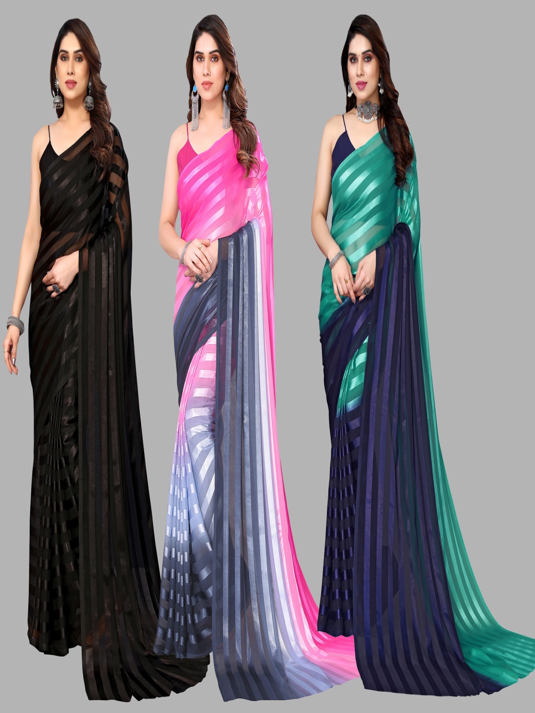 

ANAND SAREES Striped Satin Saree, Black