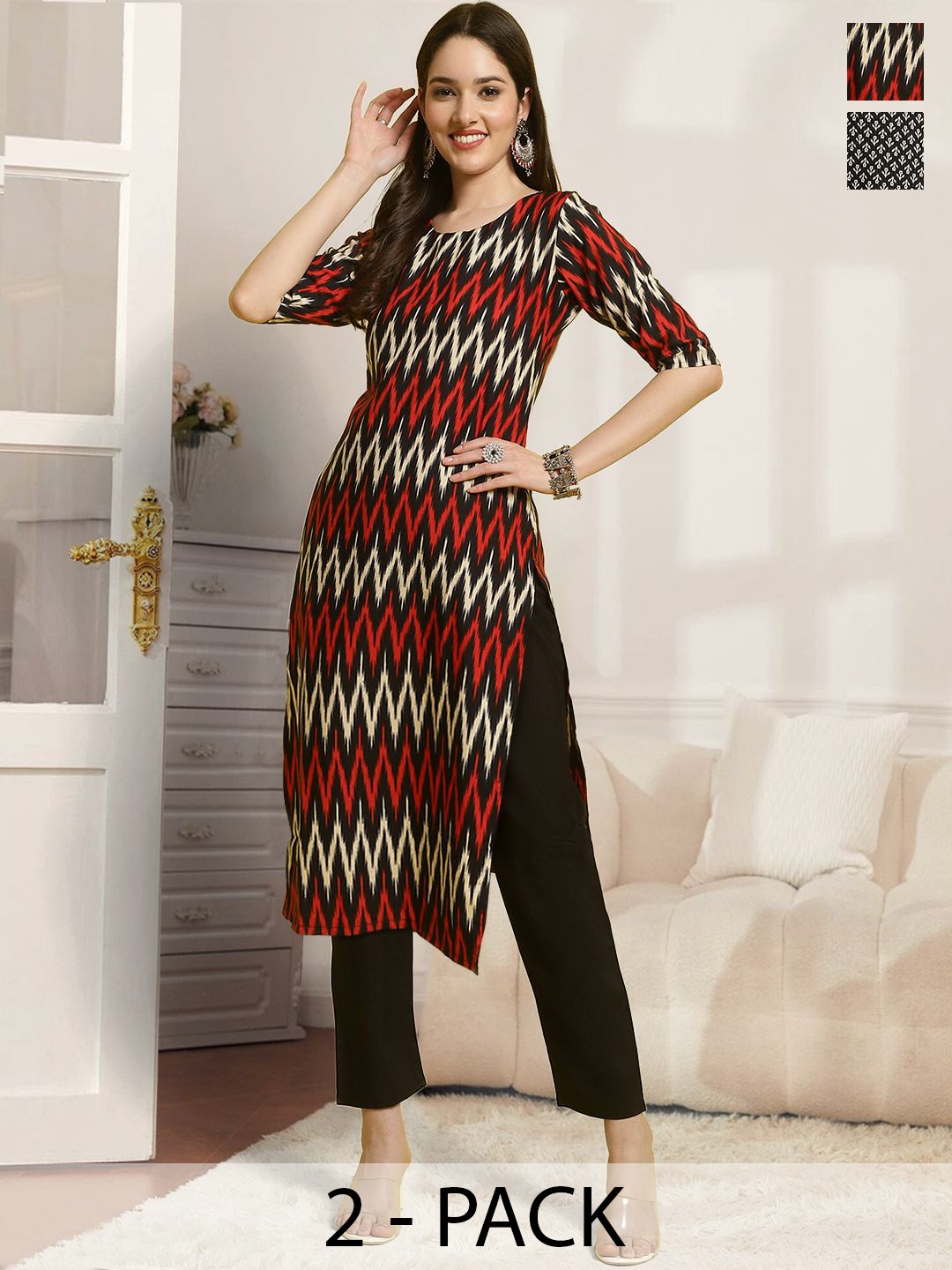 

7Threads Selection Of 2 Chevron Printed Straight Kurtas With Trousers, Black