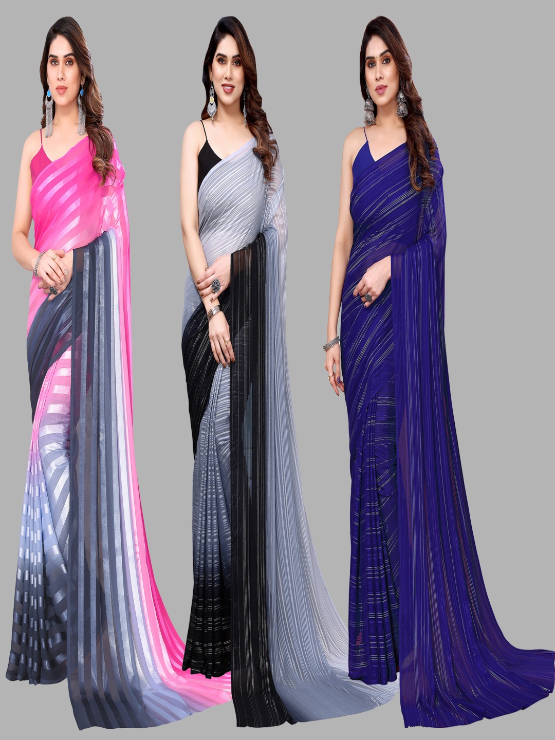 

ANAND SAREES Striped Satin Saree, Navy blue