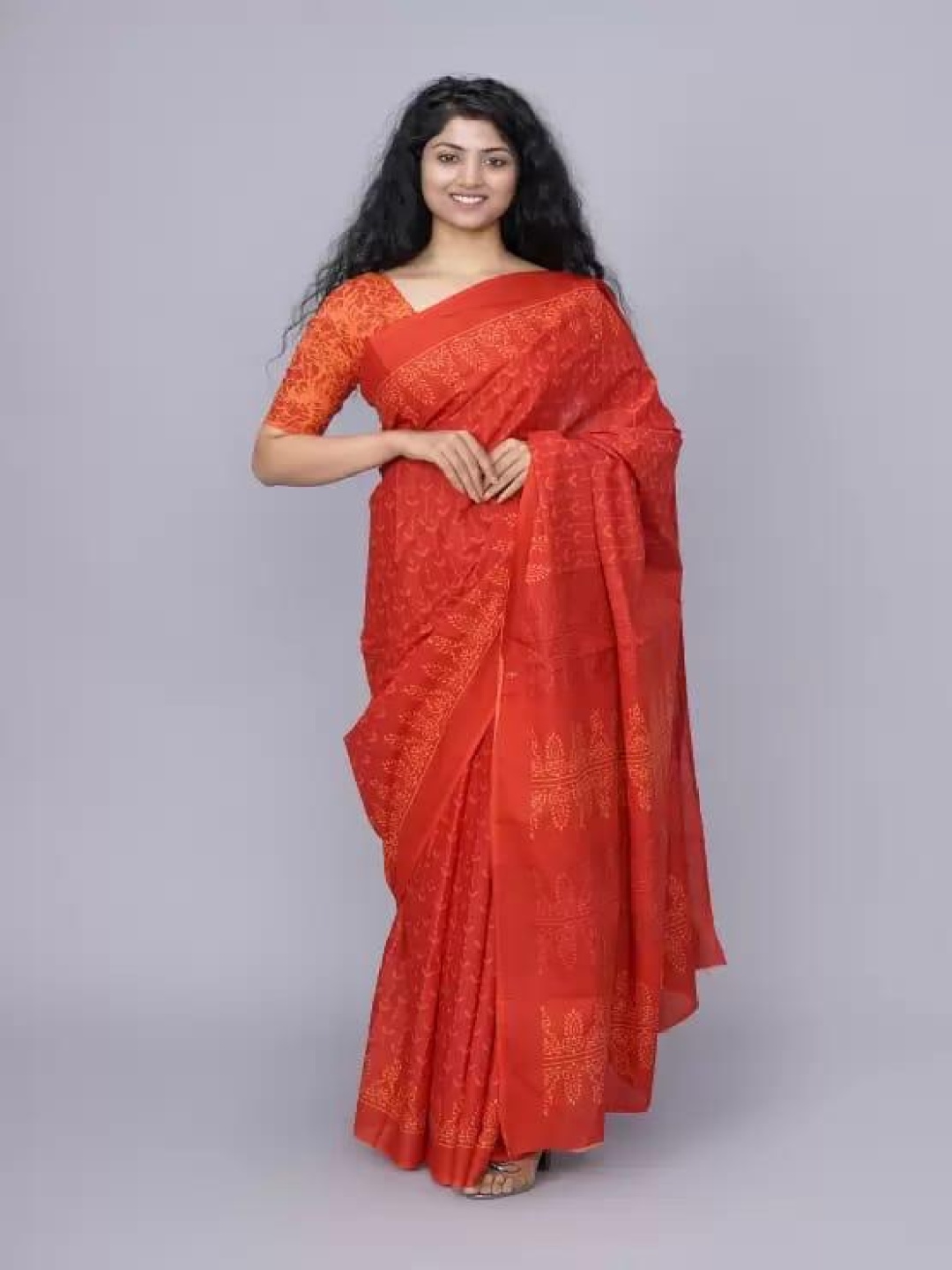 

TROPWEAR Ethnic Motifs Pure Cotton Block Print Saree, Orange