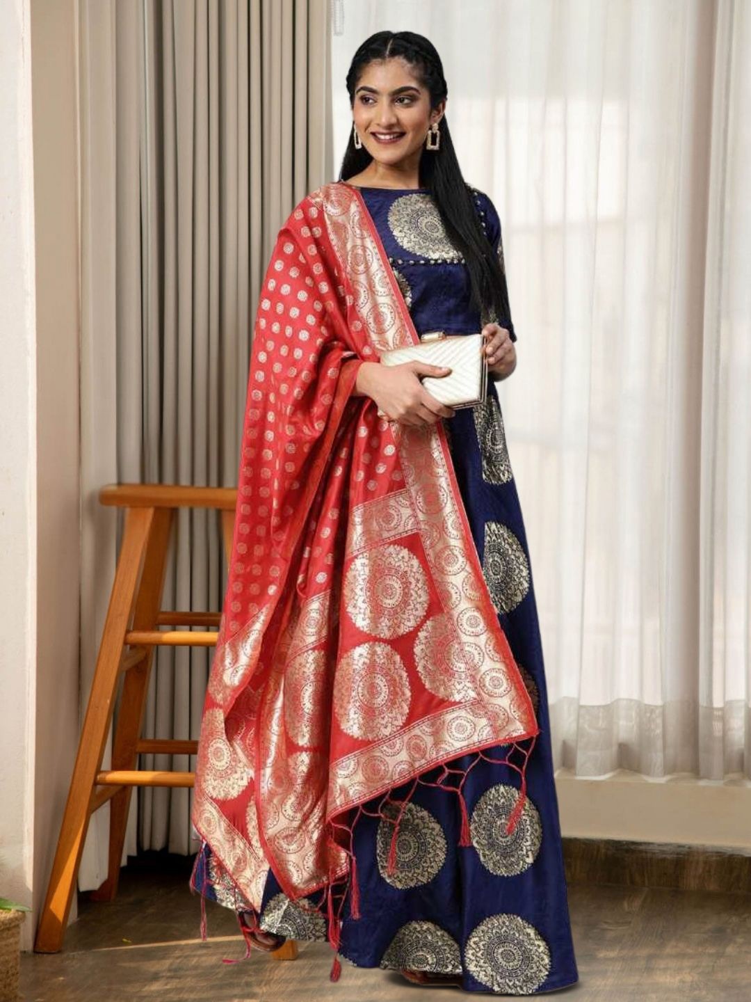 

MAGMINA Woven Design Zari Jacquard Semi-Stitched Lehenga & Unstitched Blouse With Dupatta, Blue