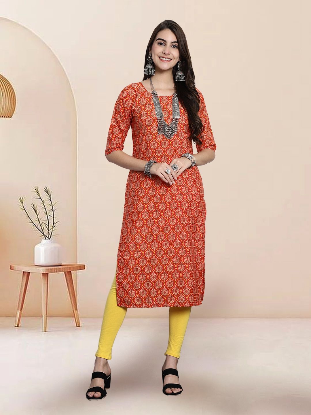 

7Threads 6 Ethnic Motifs Printed Round Neck Straight Kurtas, Red