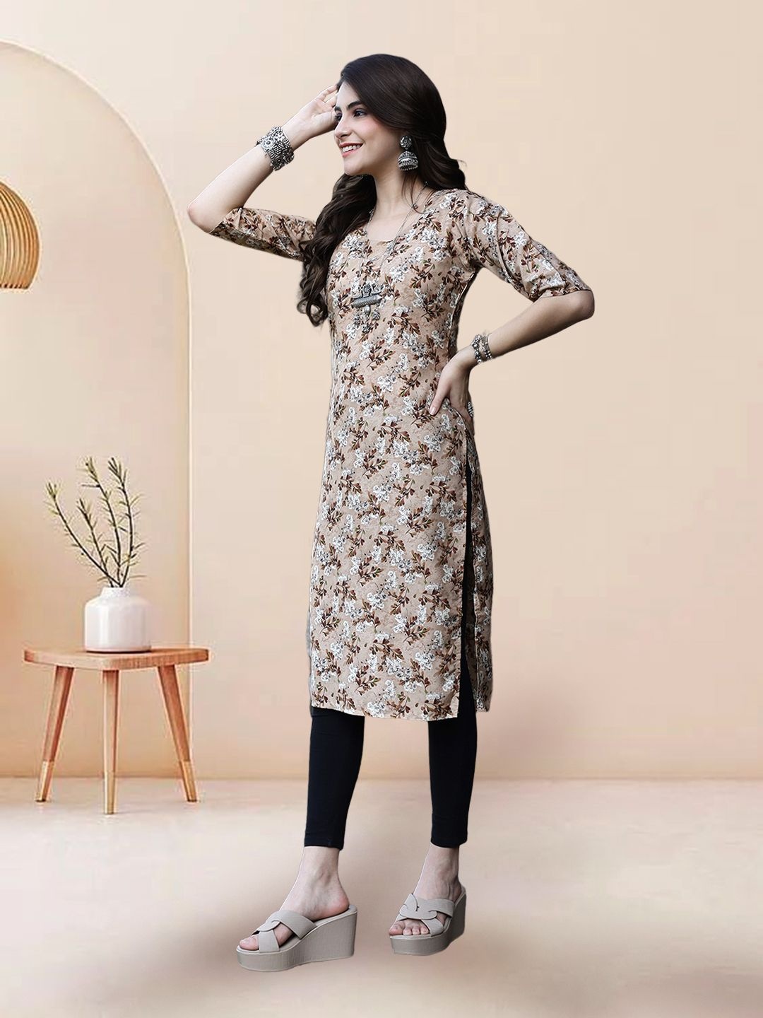 

7Threads Selection Of 3 Floral Printed Round Neck Kurtas, Brown