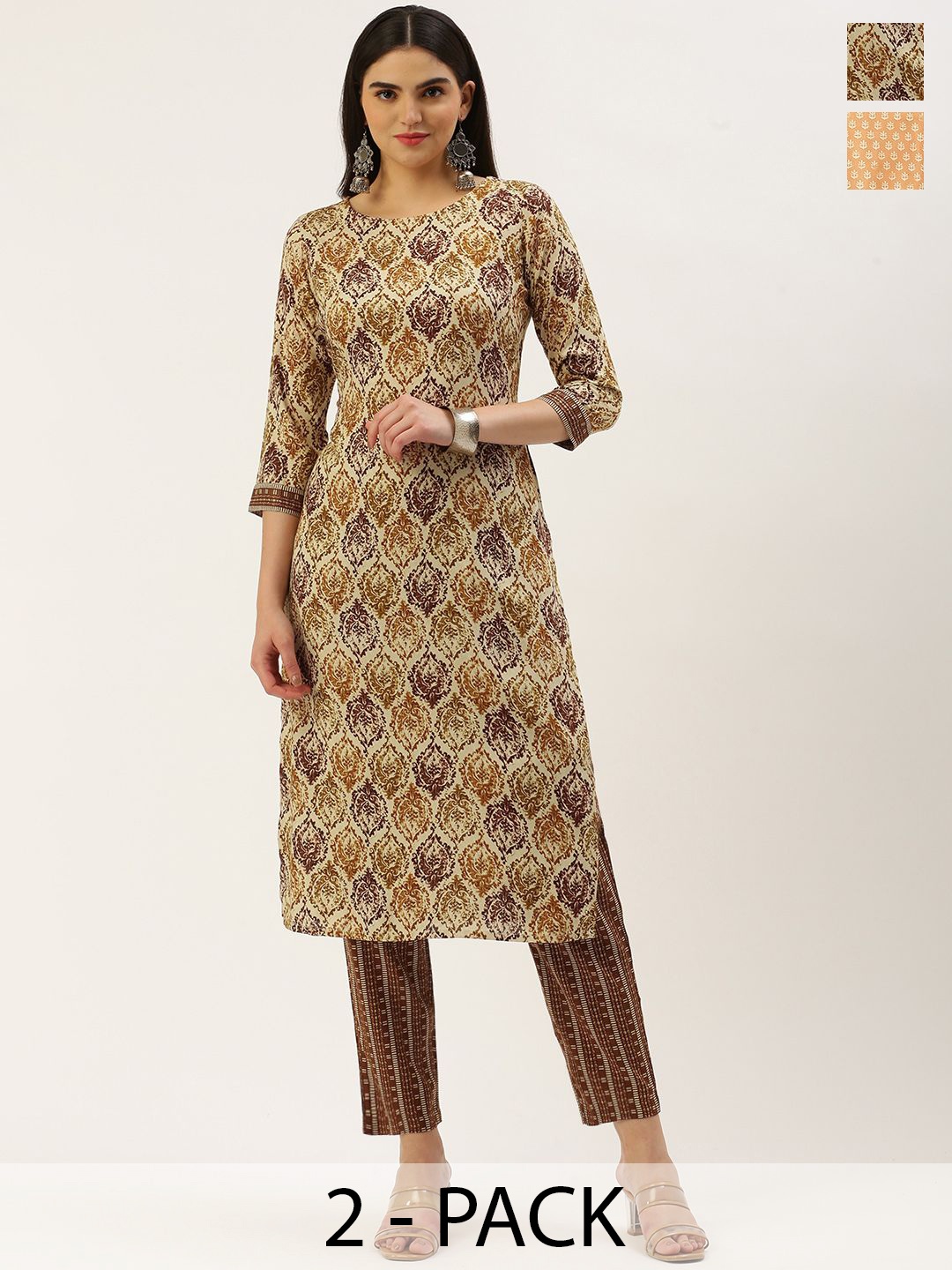 

KALINI Selection Of 2 Ethnic Motifs Printed Straight Kurtas With Trousers, Peach