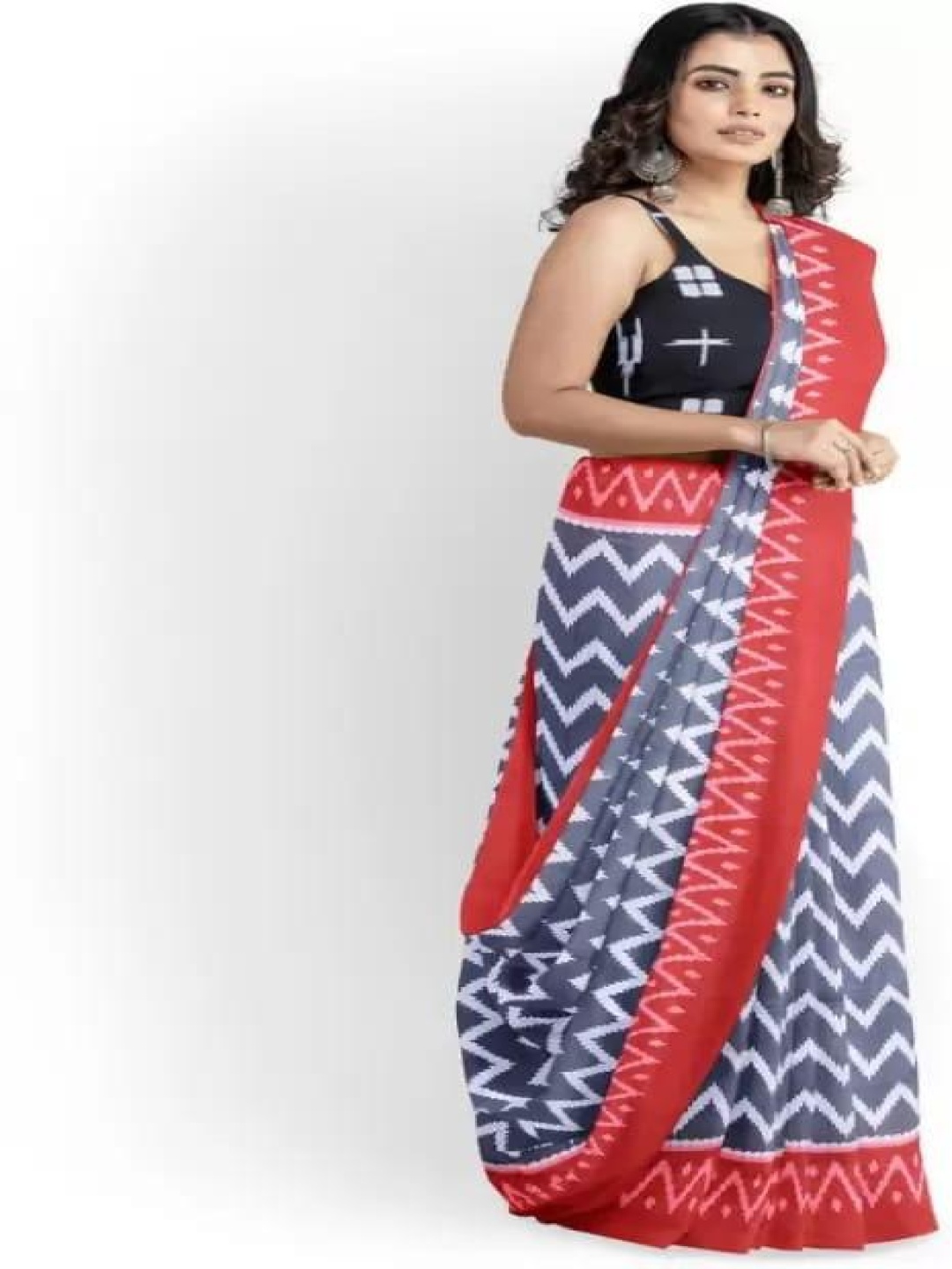 

TROPWEAR Ethnic Motifs Linen Blend Block Print Saree, Grey