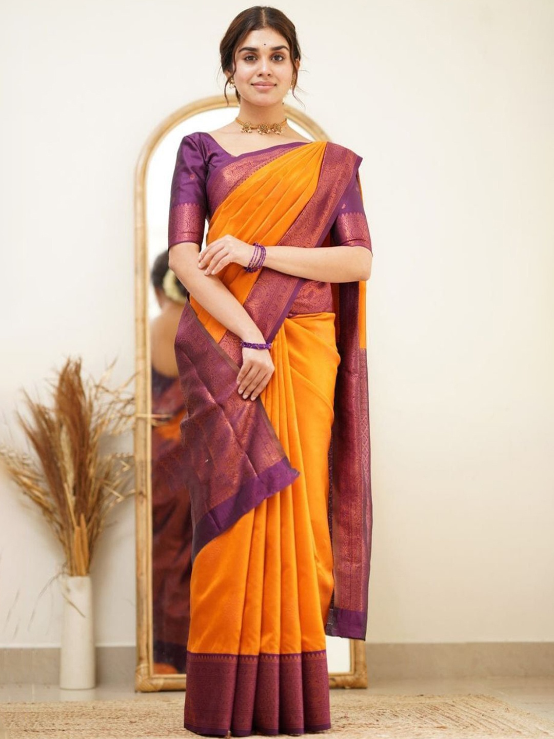 

Anouk Zari Silk Blend Banarasi Saree, Yellow