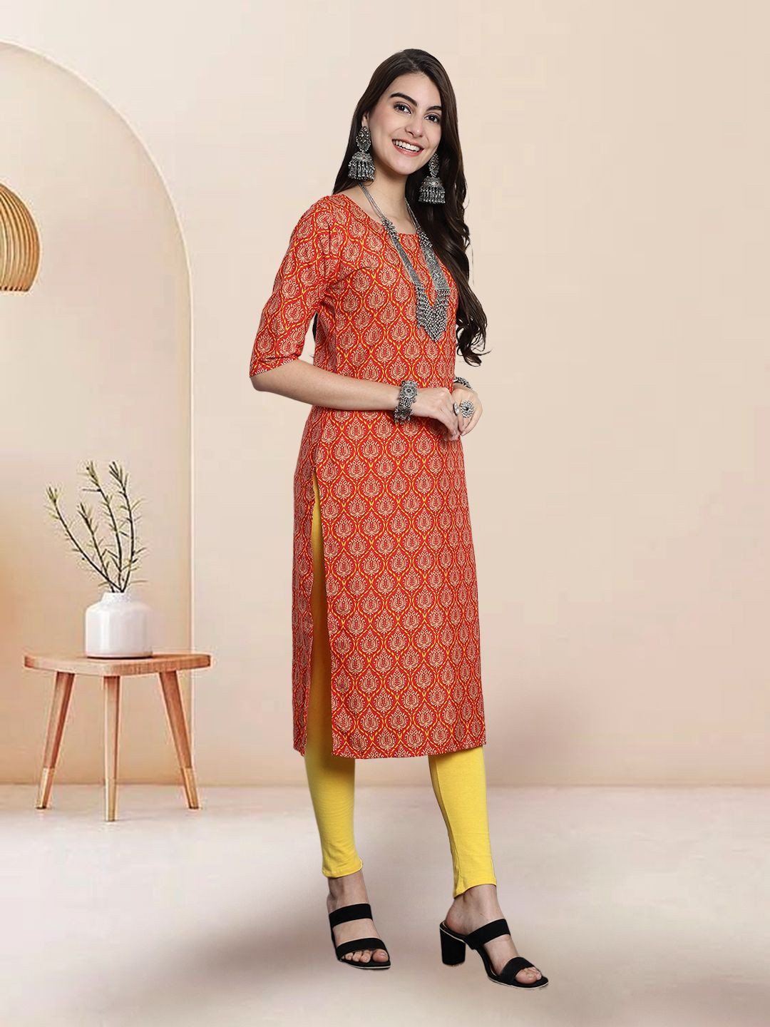 

7Threads Selection of 2 Ethnic Motifs Printed Round Neck Straight Kurtas, Orange