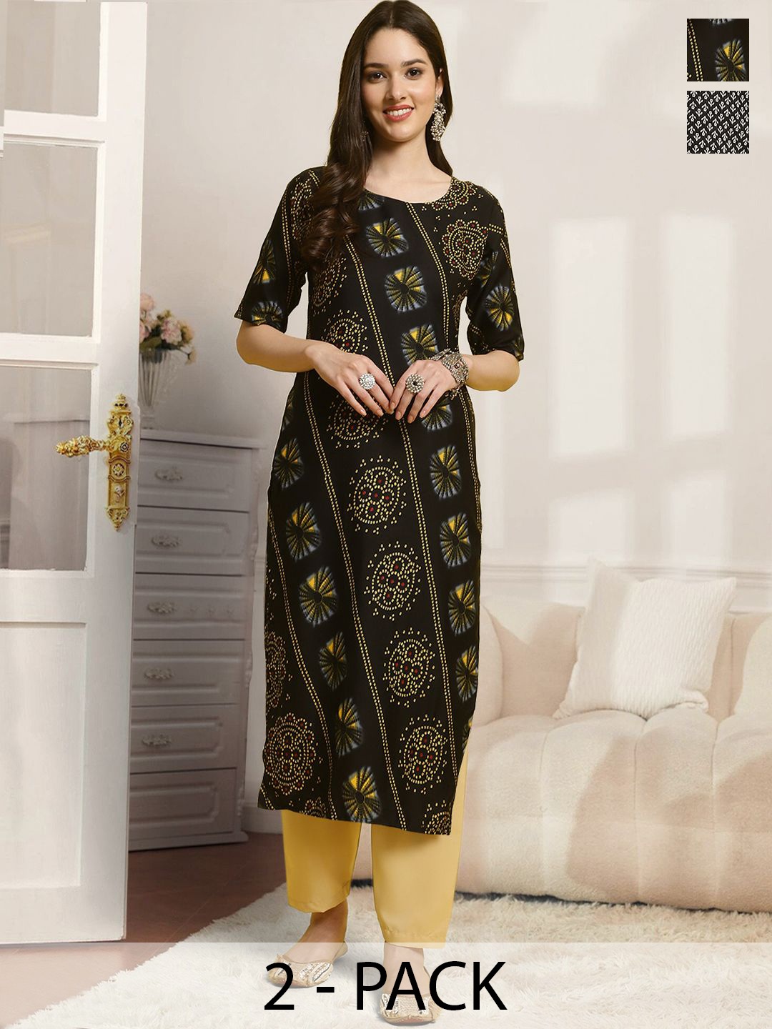 

7Threads Selection Of 2 Ethnic Motifs Printed Straight Kurtas With Trousers, Black