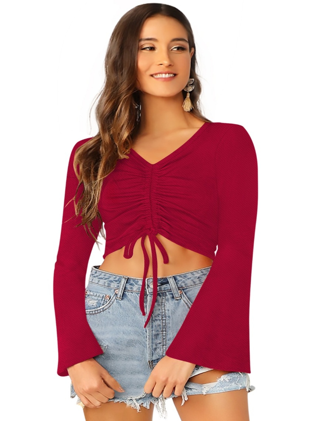 

Sanwariya Silk Bell Sleeve Crop Top, Maroon