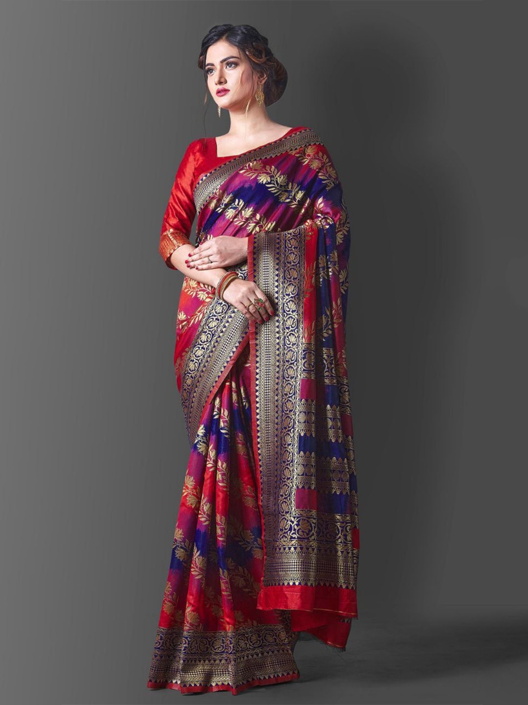 

Fashion Ritmo Woven Design Zari Pure Silk Saree, Red