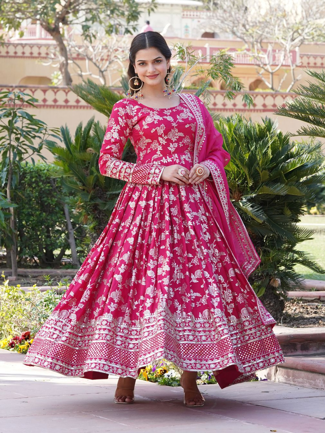 

KALINI Zari Embroidered Round Neck Anarkali Ethnic Dress, Pink