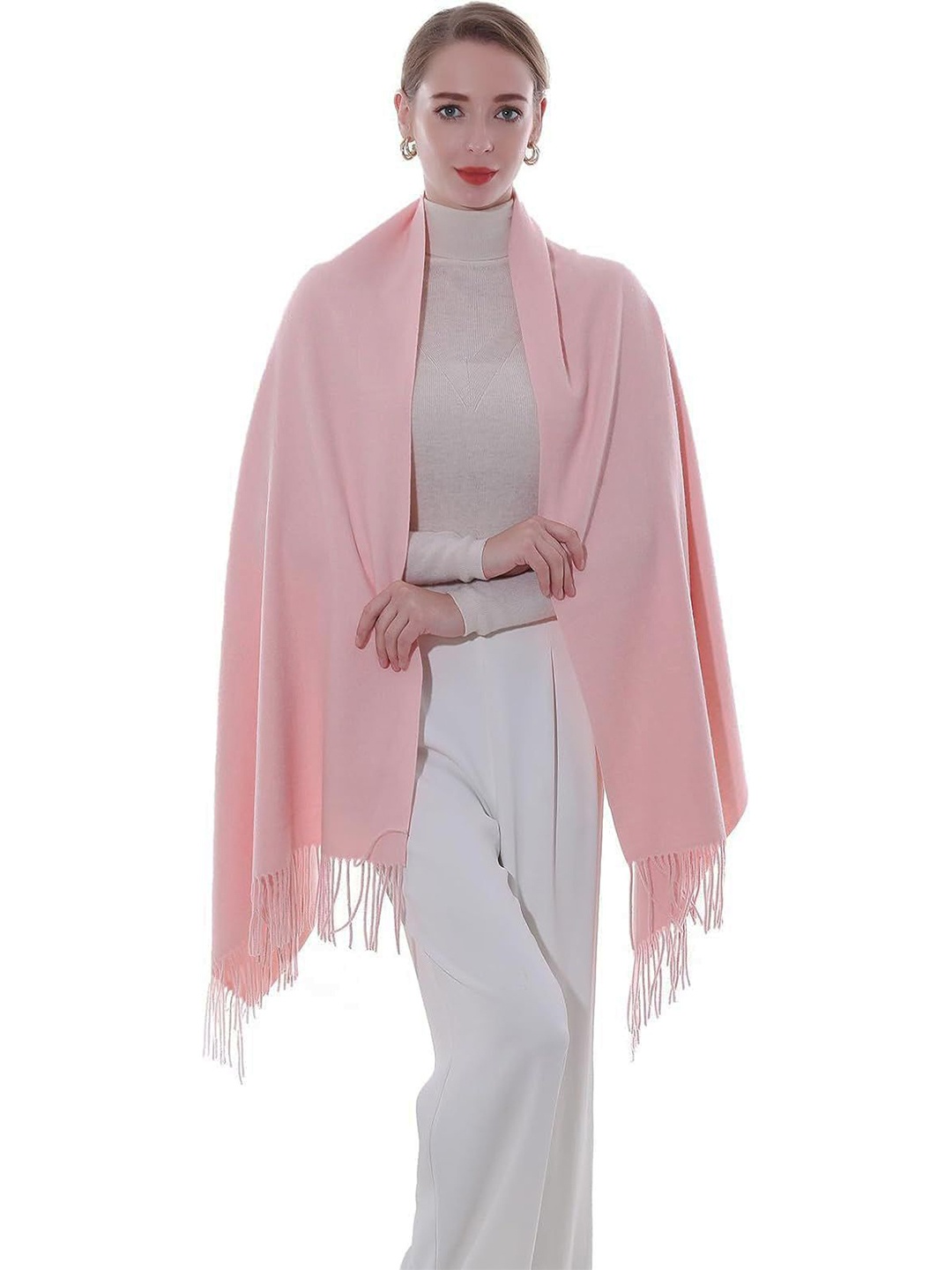 

Alexvyan Women Winter Plain Solid Large Warm Fringed Woolen Soft Wrap & Stoles, Pink