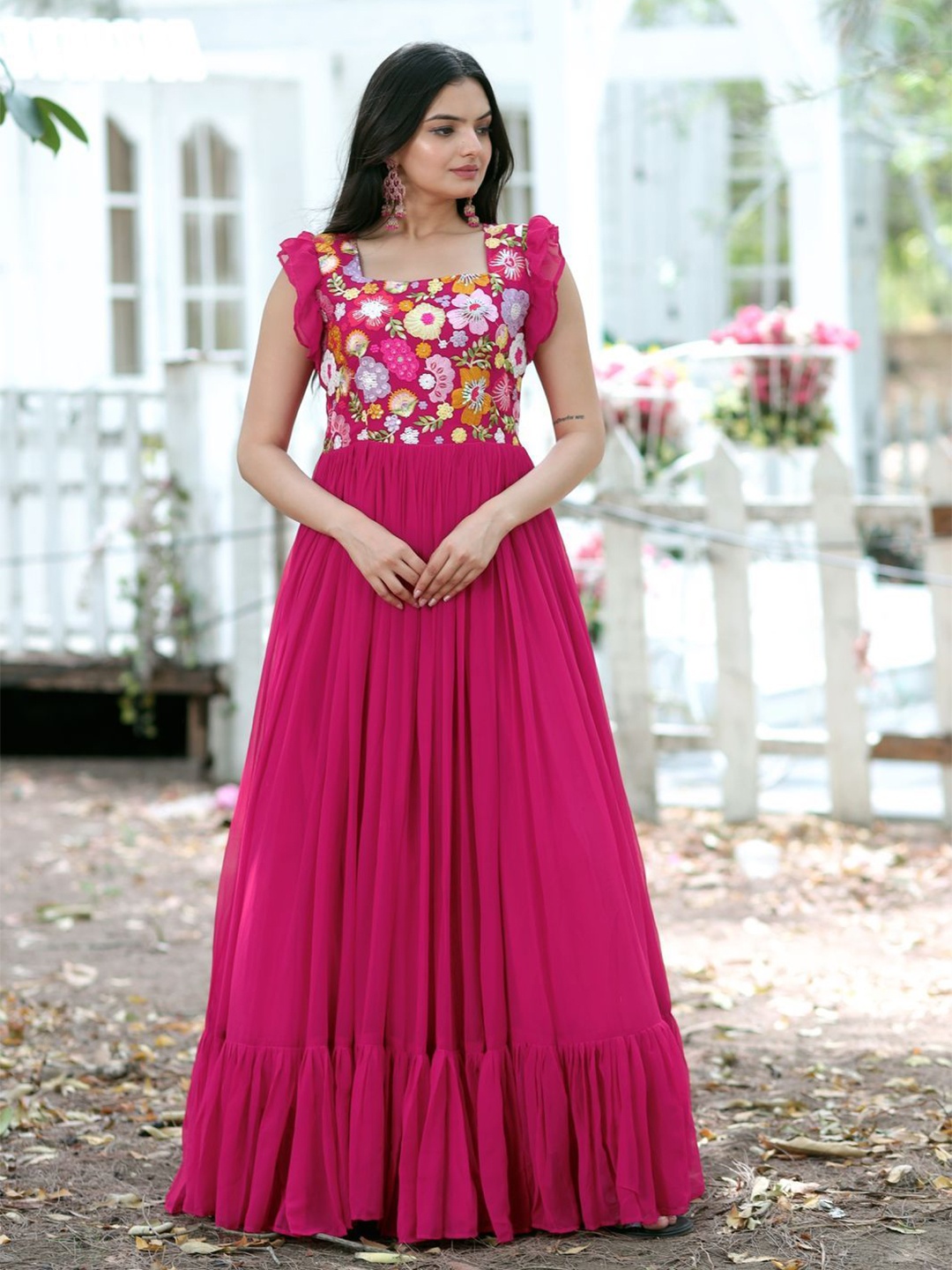 

Tilton Tie and Dye Embroidered Georgette Fit & Flare Maxi Dress, Pink