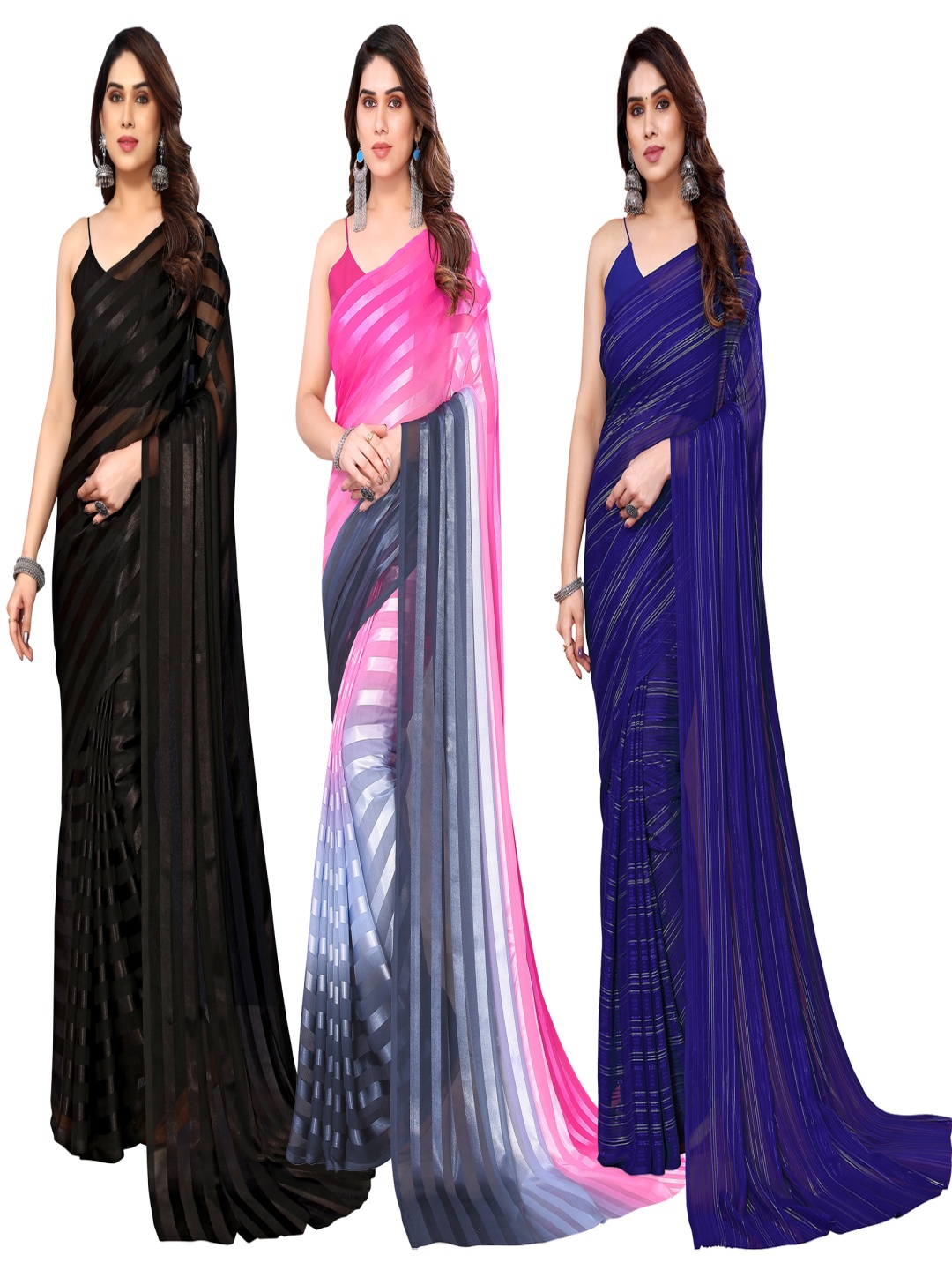 

ANAND SAREES Striped Satin Saree, Black