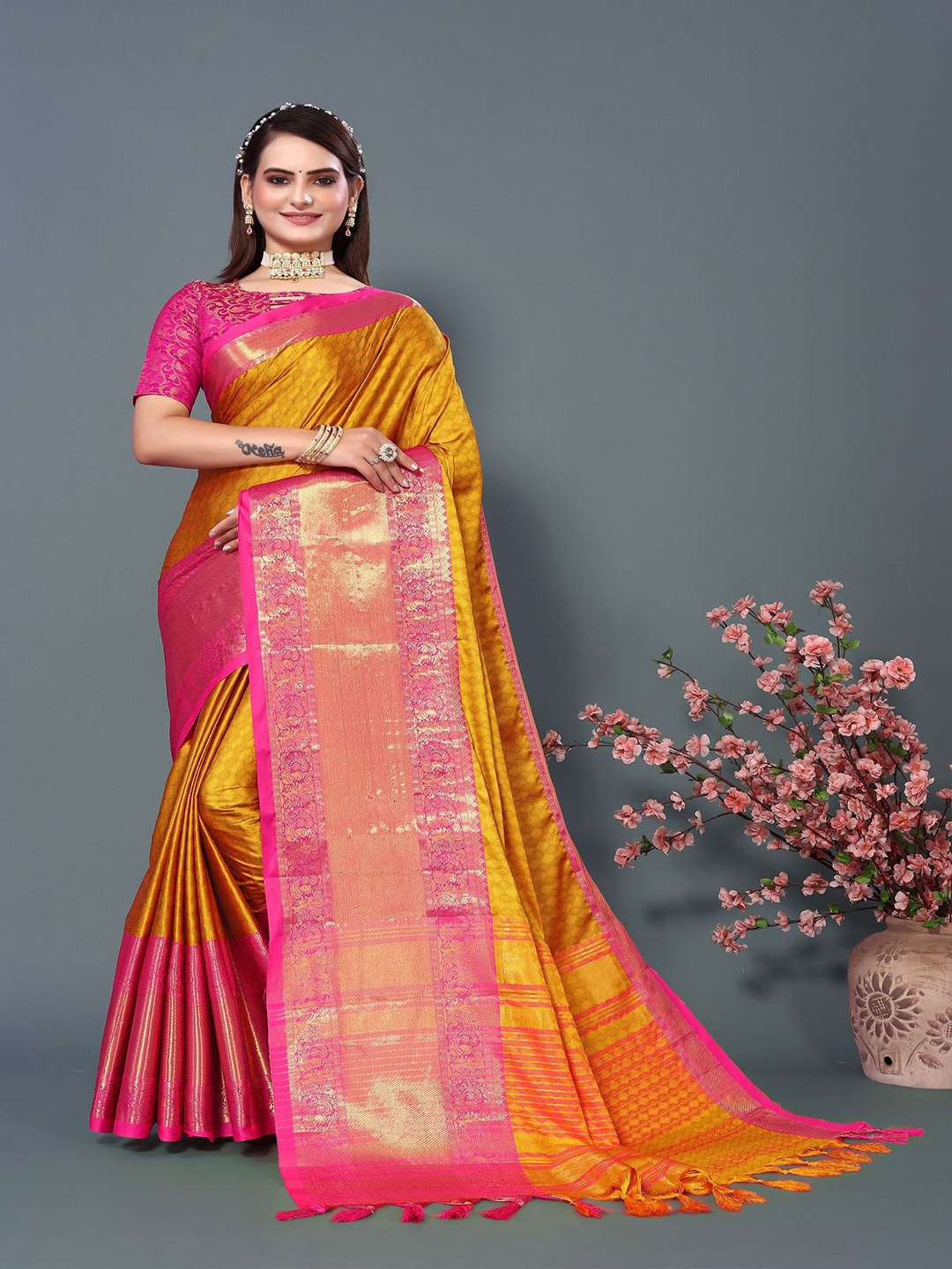 

A TO Z CART Woven Design Zari Silk Blend Banarasi Saree, Mustard