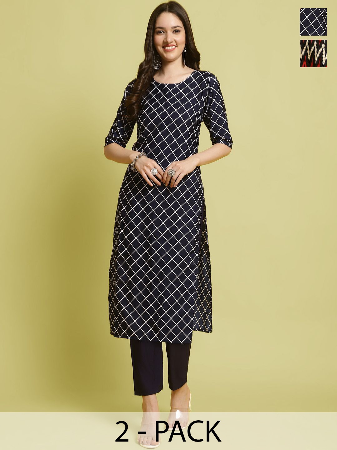 

7Threads Selection Of 2 Checked Printed Round Neck Straight Kurta With Trousers, Black