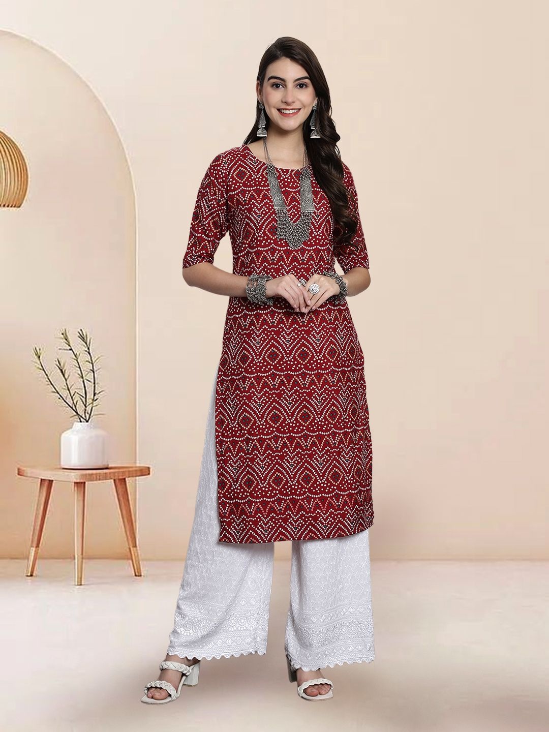 

7Threads Selection of 6 Bandhani Printed Round Neck Straight Kurtas, Red