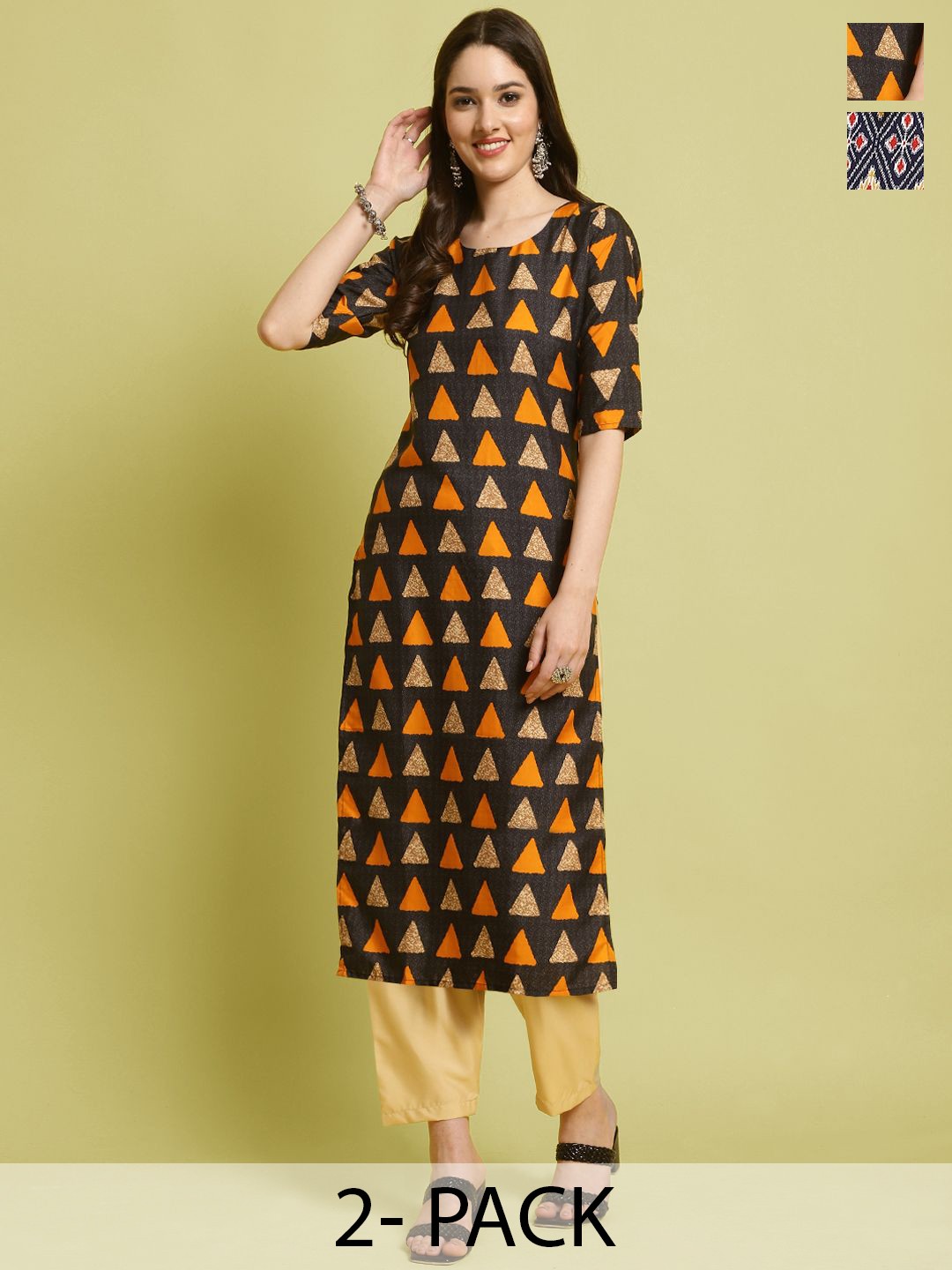 

7Threads Selection Of 2 Geometric Printed Straight Kurta With Trousers, Black