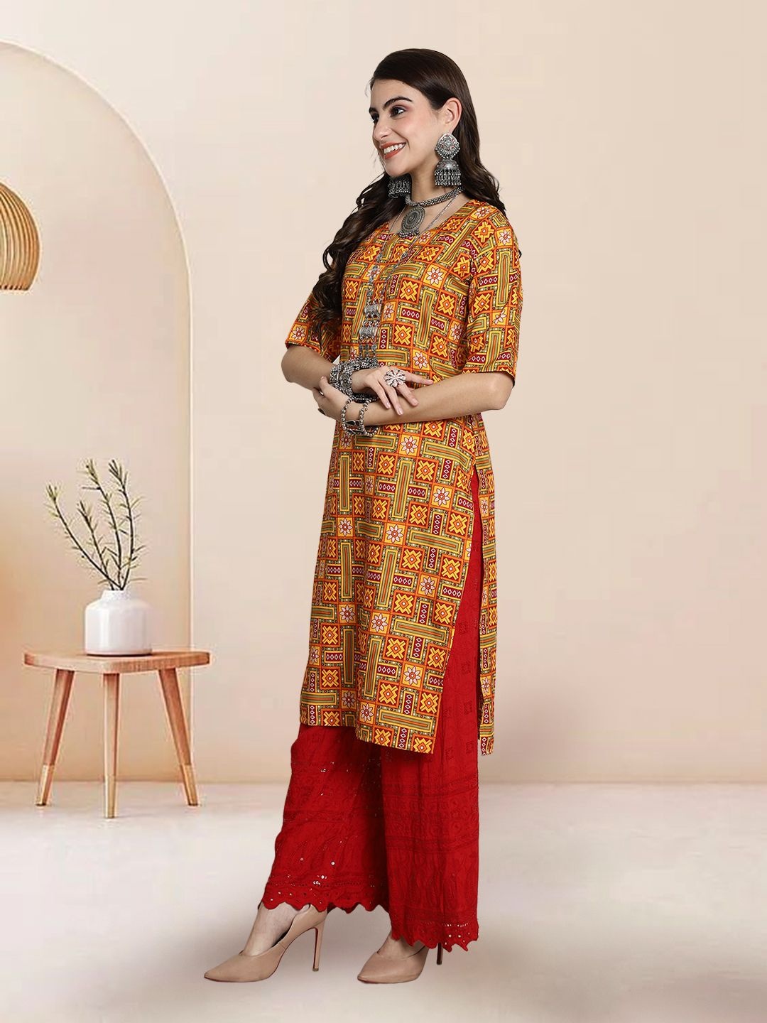 

7Threads Selection Of 3 Ethnic Motifs Printed Round Neck Straight Kurtas, Red