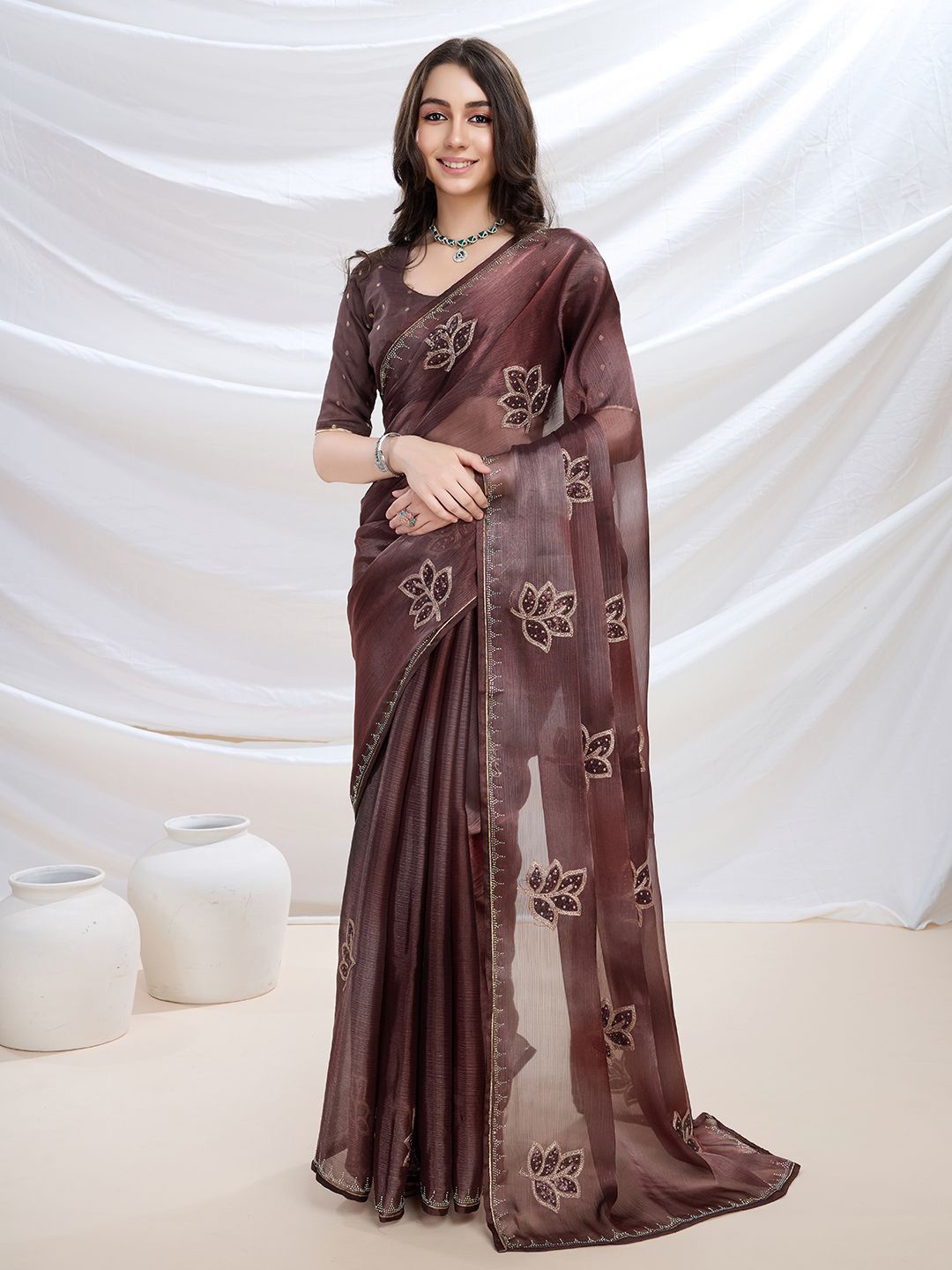 

Mitera Floral Sequinned Organza Heavy Work Saree, Maroon