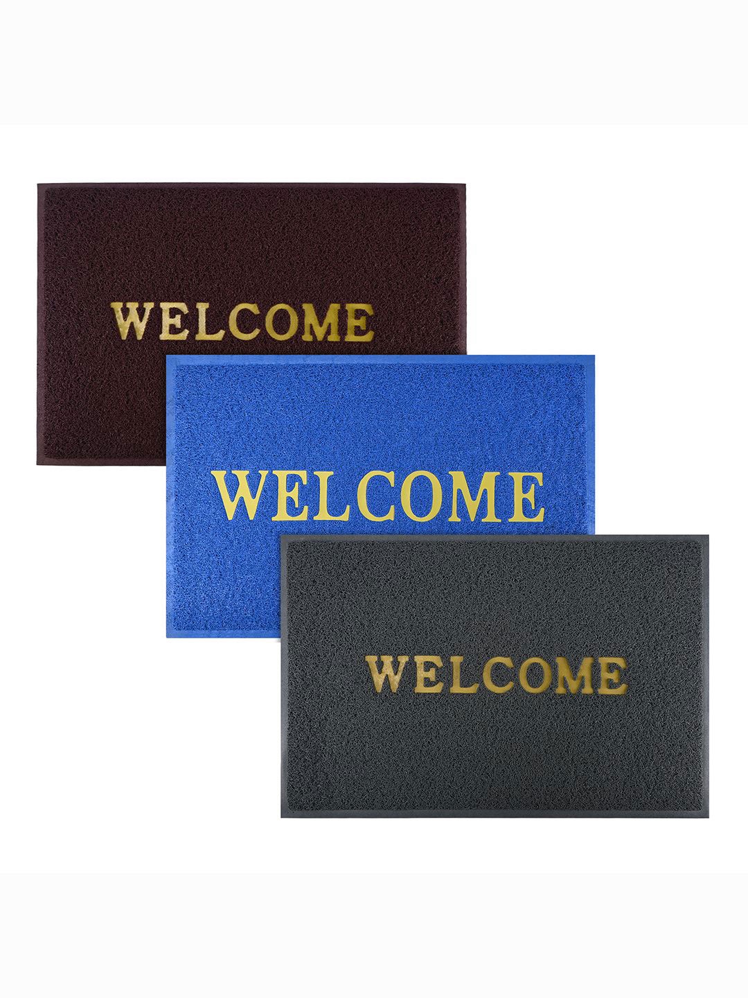 

Kuber Industries Blue & Brown 3 Pieces Applique Anti-Skid Rubber Doormats