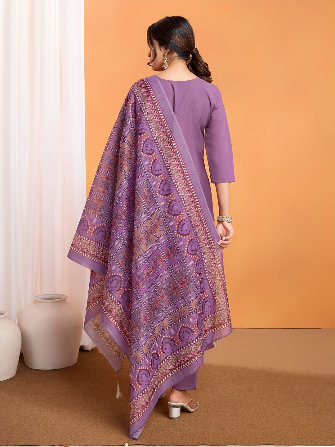 

Divyadham Textiles Ethnic Motifs Printed Straight Kurta With Trouser And Dupatta, Purple