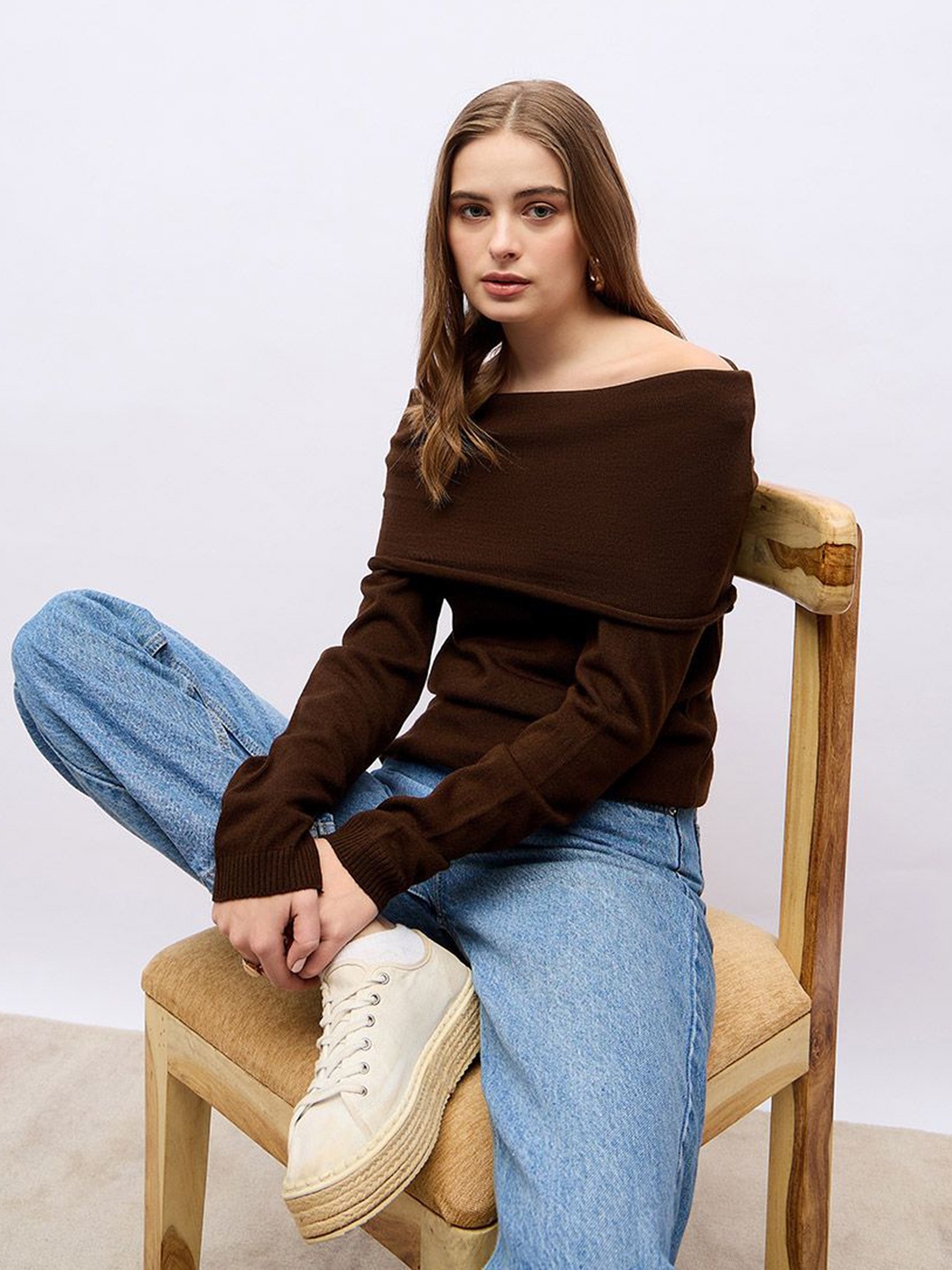 

Styli Women Off Shoulder Regular Fit Flat Knit Sweater, Brown