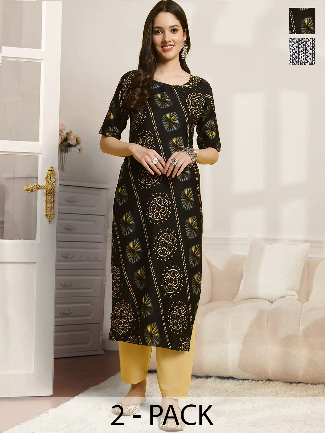 

7Threads Selection Of 2 Ethnic Motifs Printed Straight Kurtas With Trousers, Black