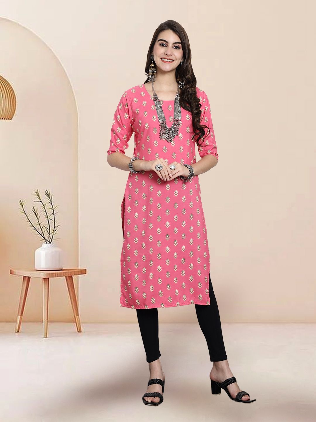 

7Threads Selection Of 4 Ethnic Motifs Printed Round Neck Straight Kurtas, Pink