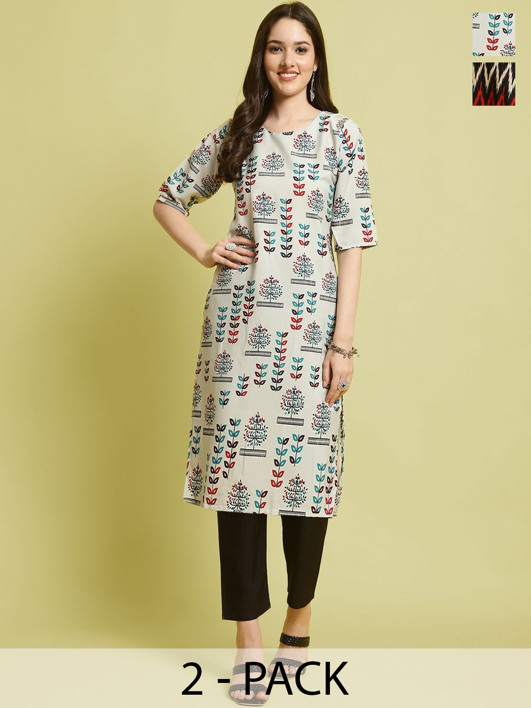 

7Threads Selection Of 2 Ethnic Motifs Printed Round Neck Straight Kurta With Trousers, Off white