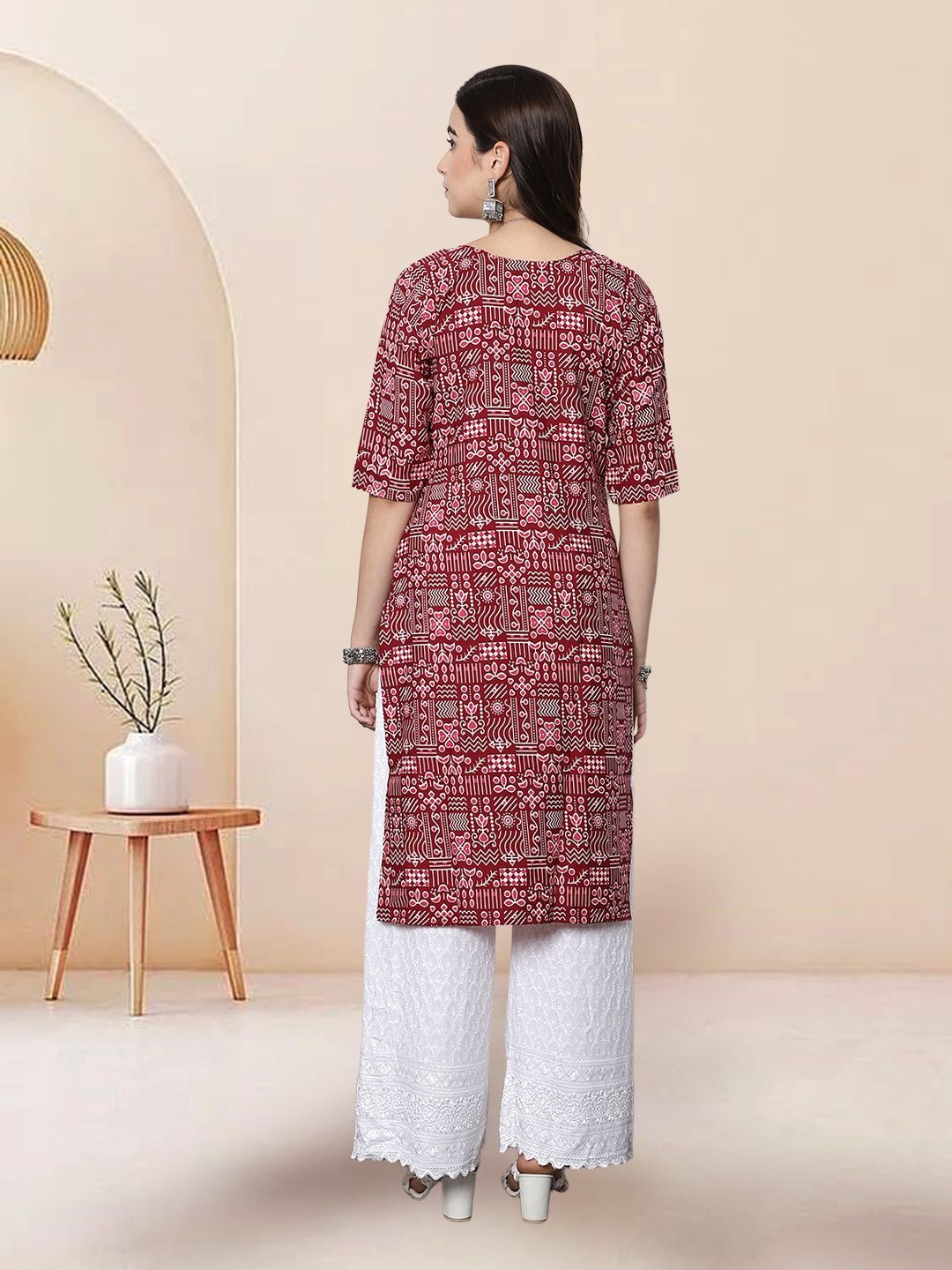 

7Threads Women Ethnic Motifs Printed Floral Crepe Kurta, Red