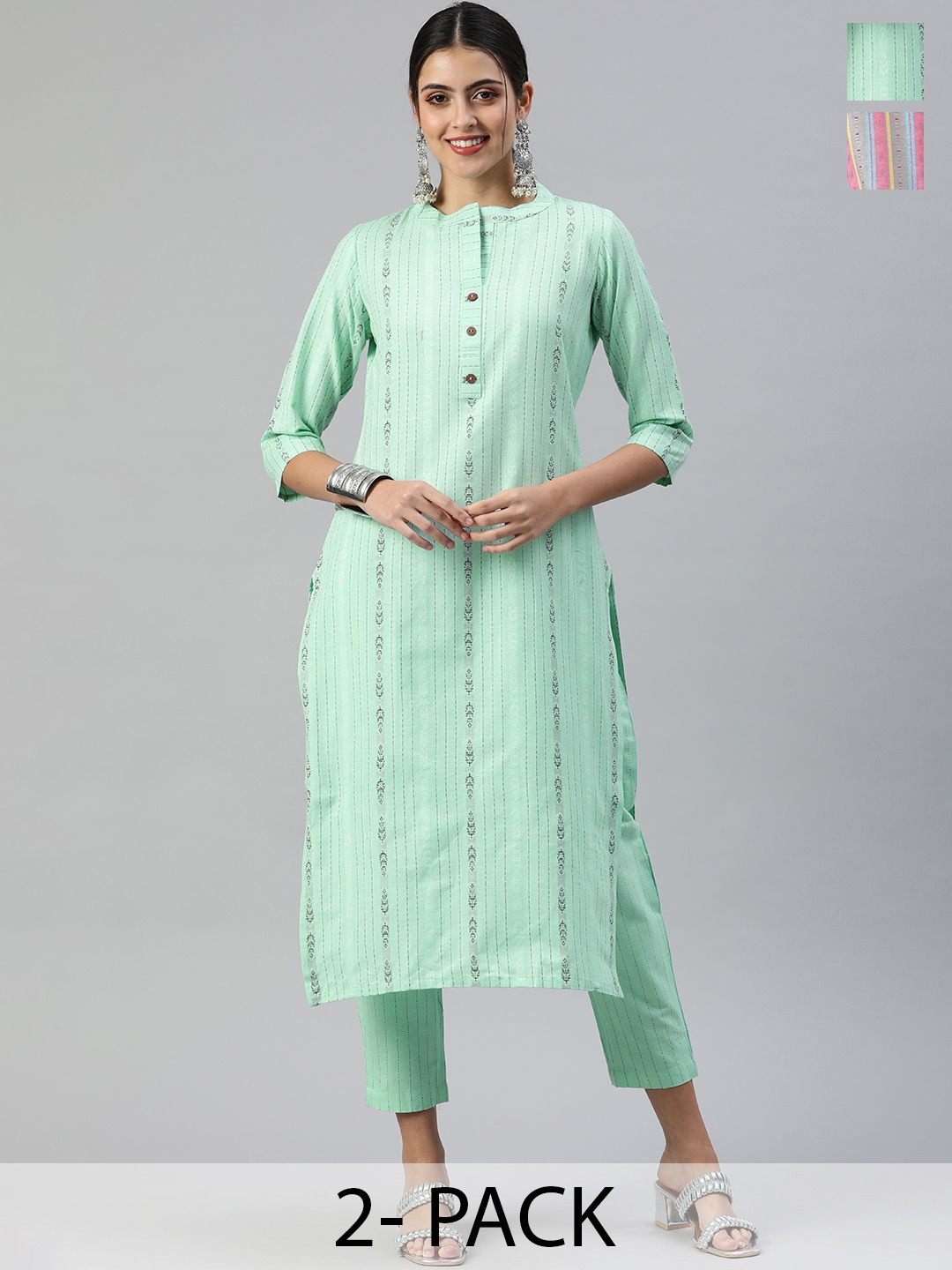 

KALINI Selection of 2 Striped Mandarin Collar Straight Kurtas With Trousers, Green