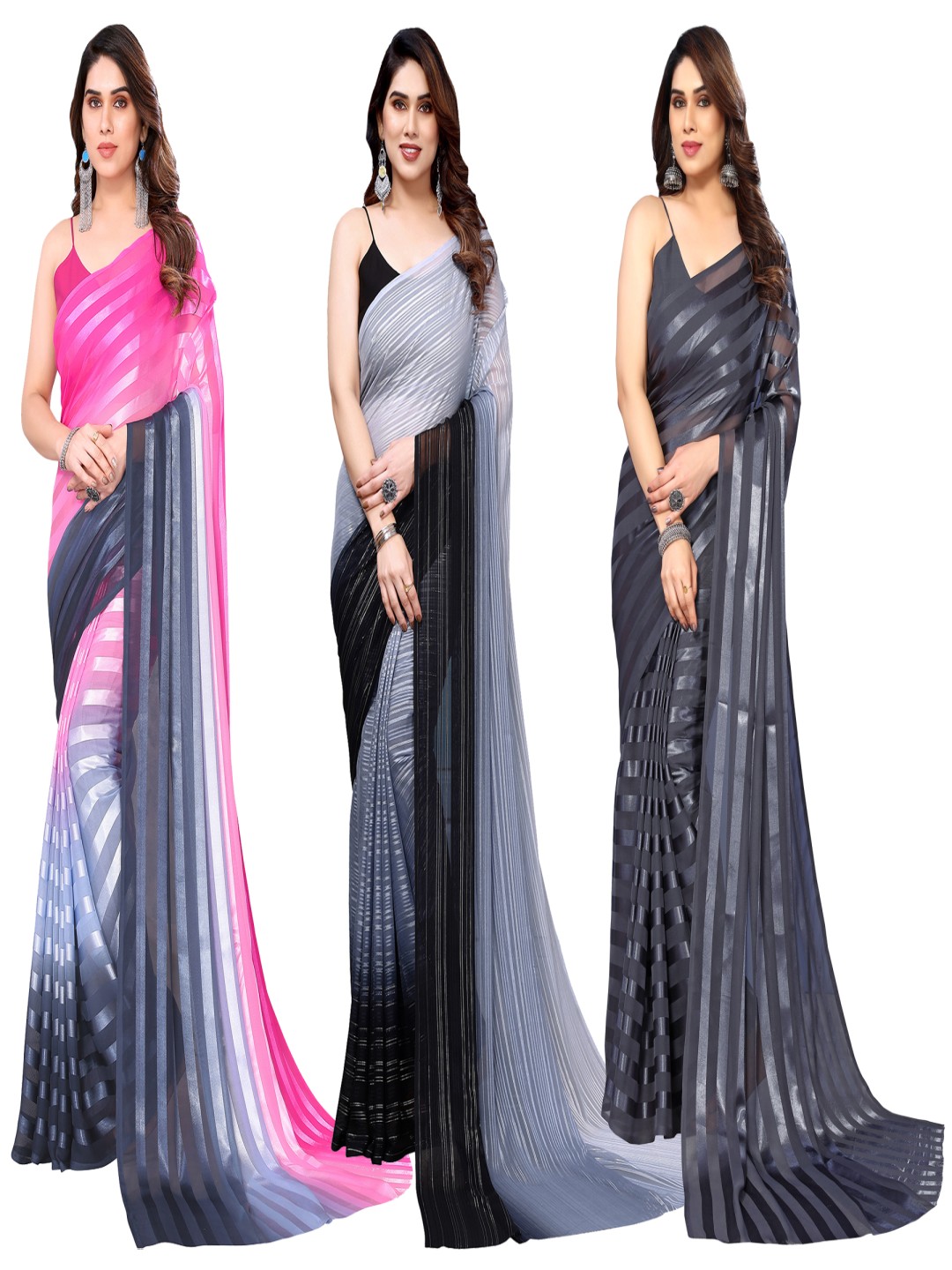 

ANAND SAREES Striped Satin Saree, Pink