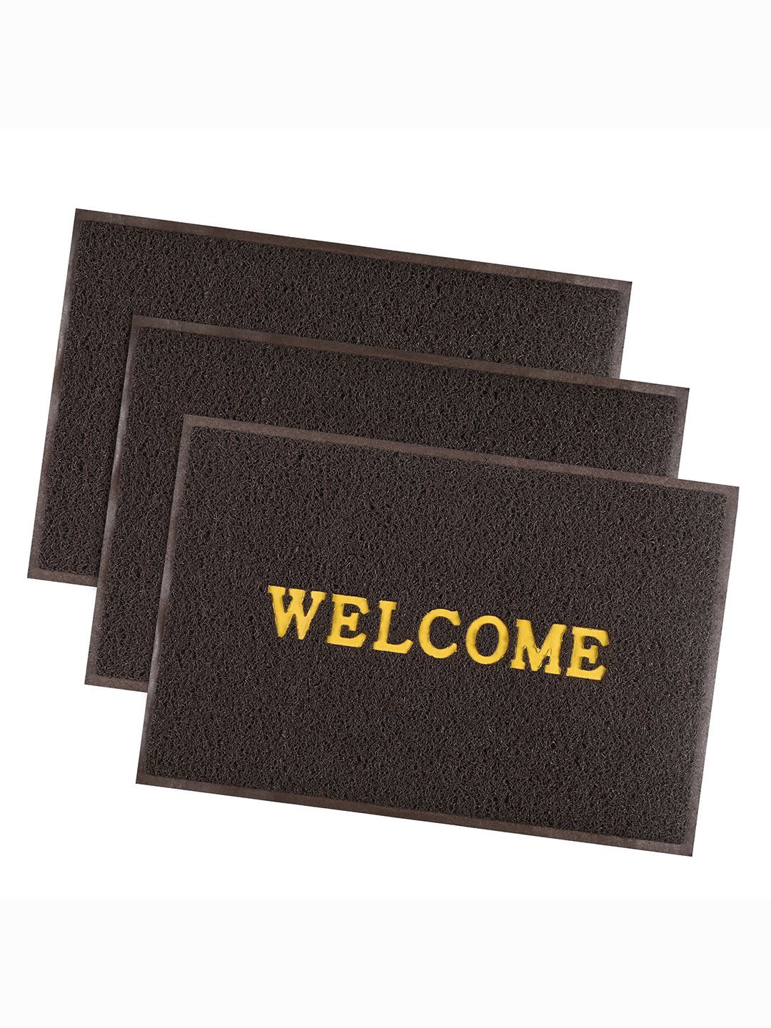 

Kuber Industries Brown & Yellow 3 Pieces Applique Anti-Skid Rubber Doormats