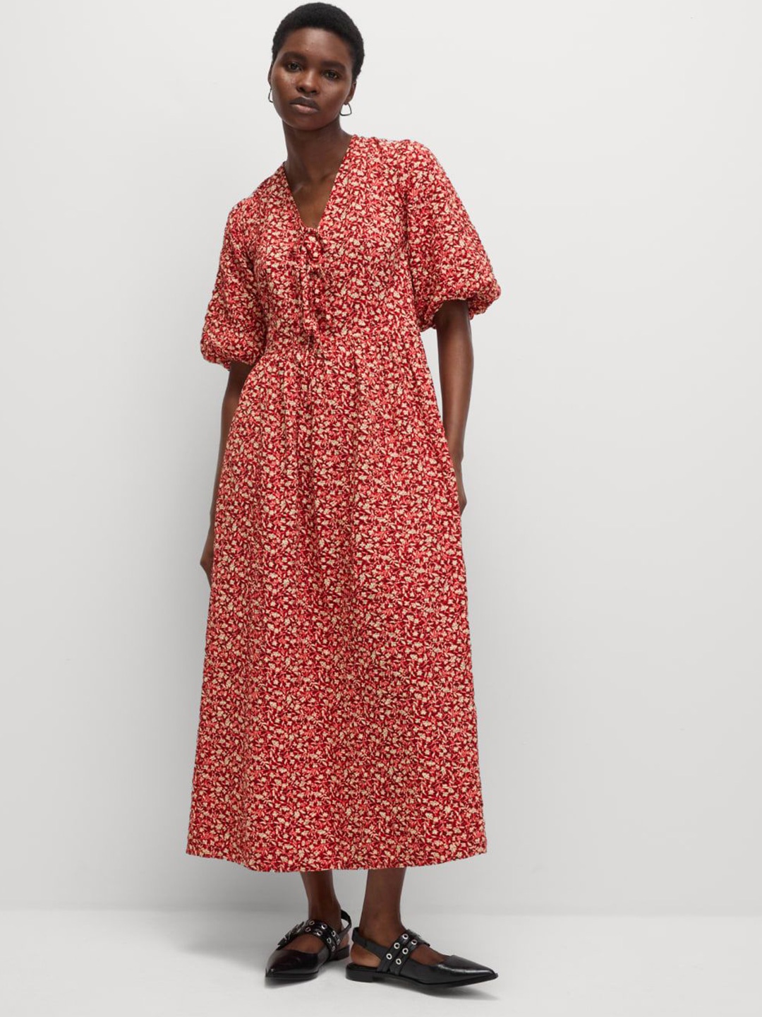 

Marks & Spencer Floral Print Tie-Up Neck Flared Sleeve Maxi Midi Dress, Red