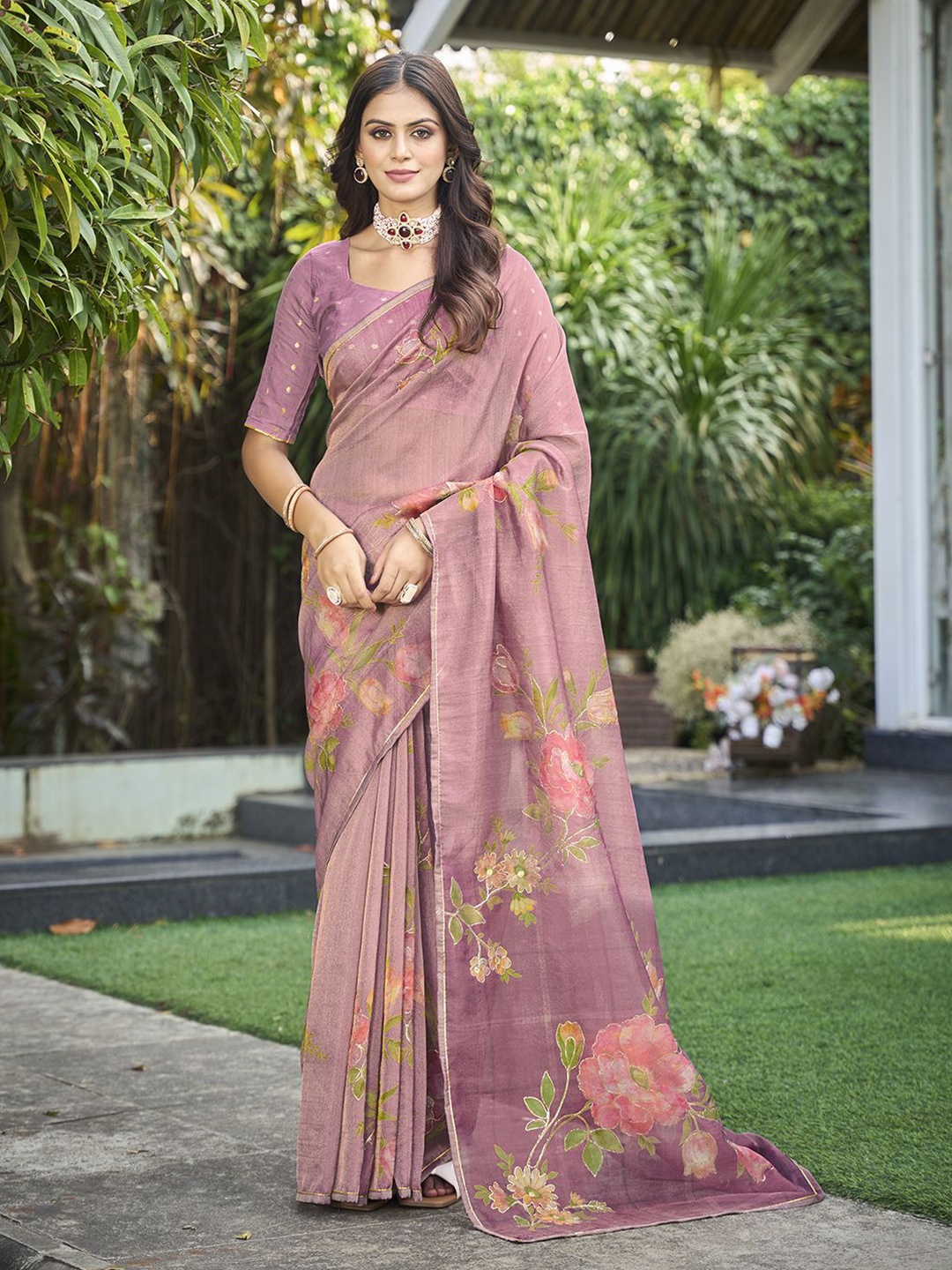 

Mitera Floral Aari Work Tissue Designer Kanjeevaram Saree, Pink