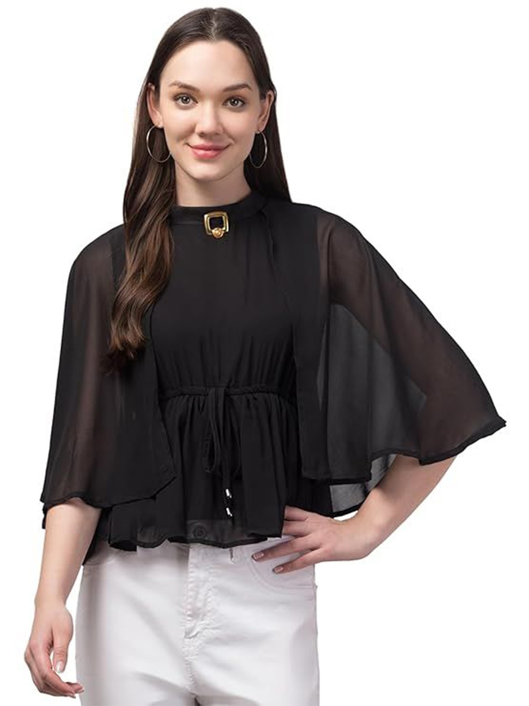 

My Swag Halter Neck Batwing Sleeve Georgette Top, Black