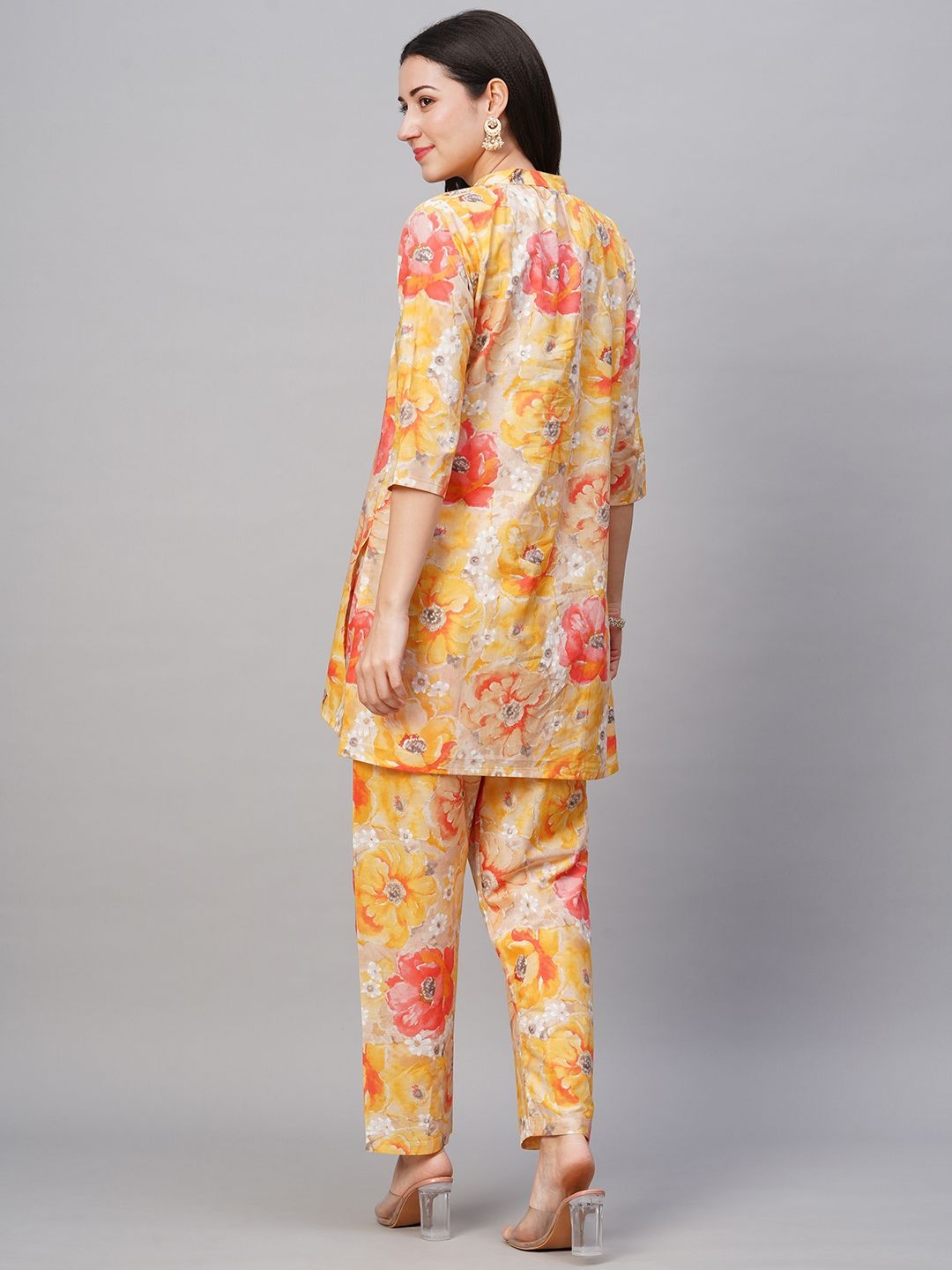 

Moda Rapido Floral Printed Mandarin Collar Pure Cotton Tunic With Trouser, Mustard