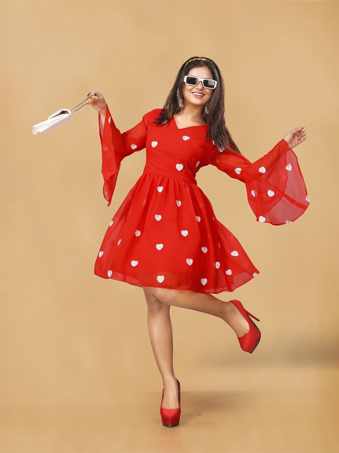 

A TO Z CART Polka Dot Embroidered Bell Sleeve Georgette Fit & Flare Dress, Red