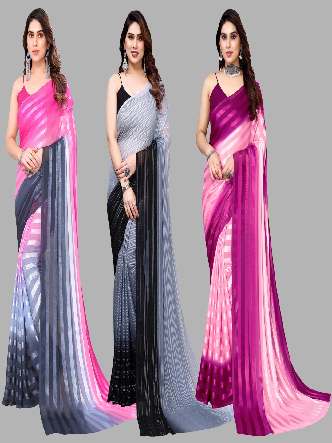

ANAND SAREES Striped Satin Saree, Pink