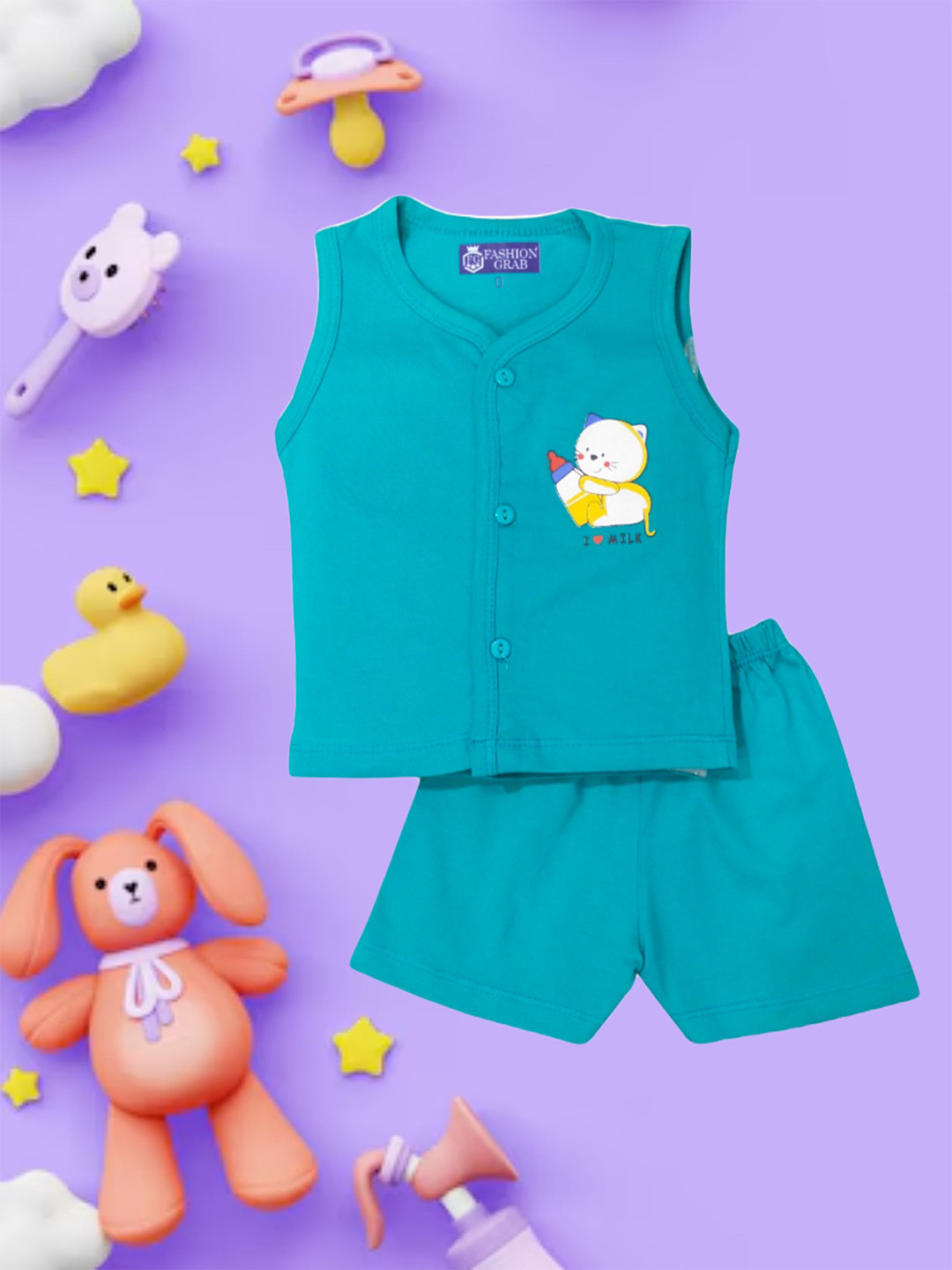 

FASHION GRAB Infants Printed Pure Cotton Jhabla With Shorts, Green