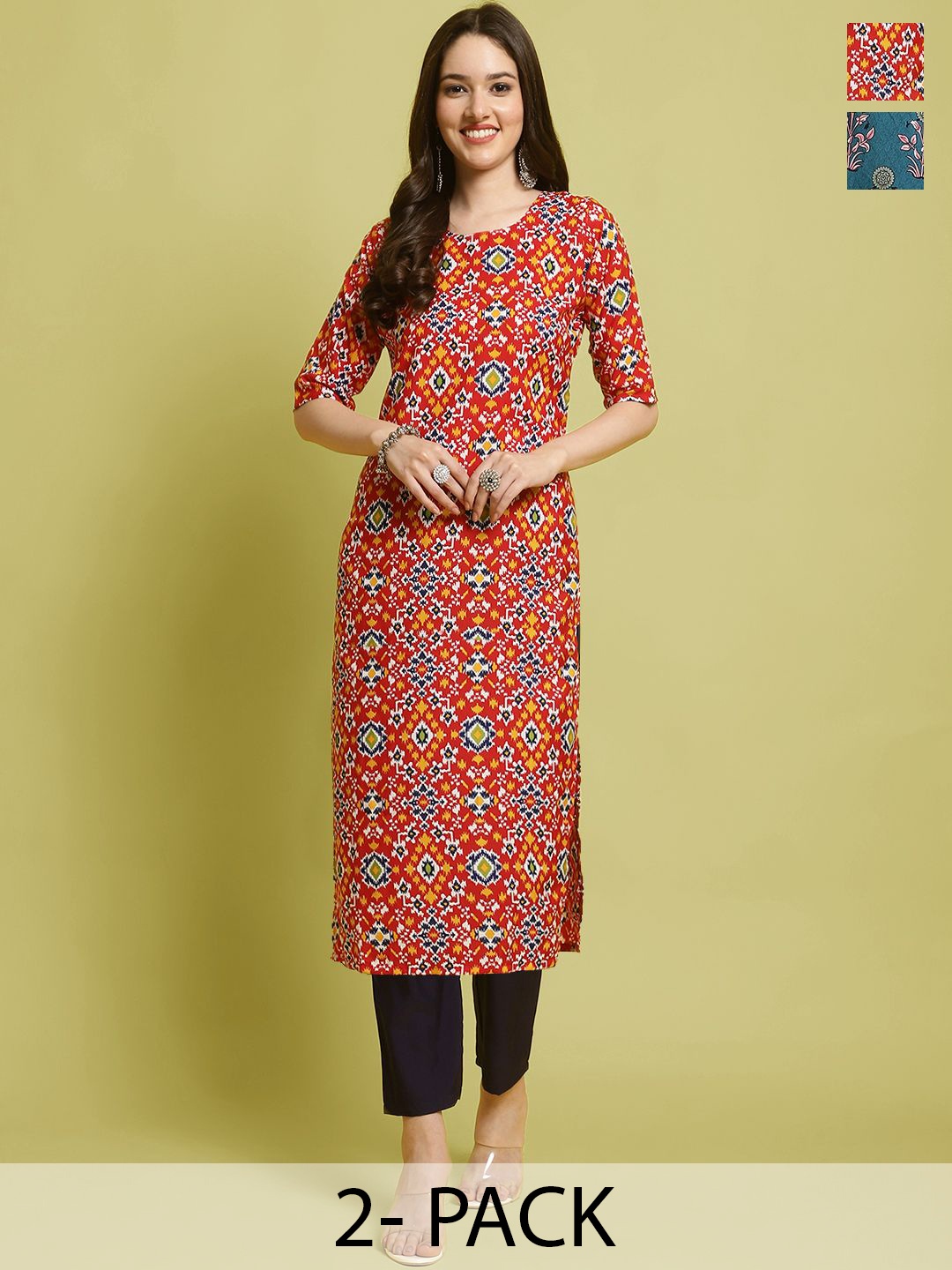 

7Threads Selection Of 2 Ethnic Motifs Printed Straight Kurta With Trousers, Red