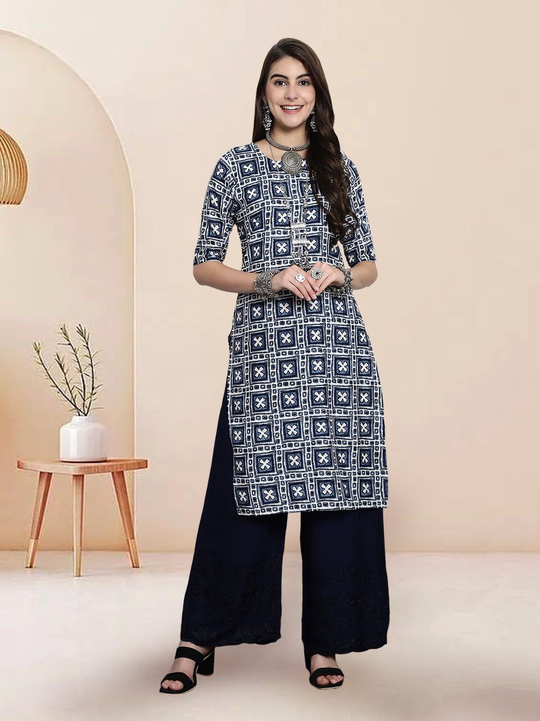 

7Threads Selection Of 4 Ethnic Motifs Printed Round Neck Straight Kurtas, Blue