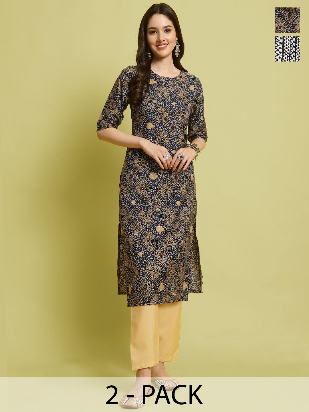 

7Threads Selection Of 2 Floral Printed Round Neck Straight Kurta With Trousers, Beige